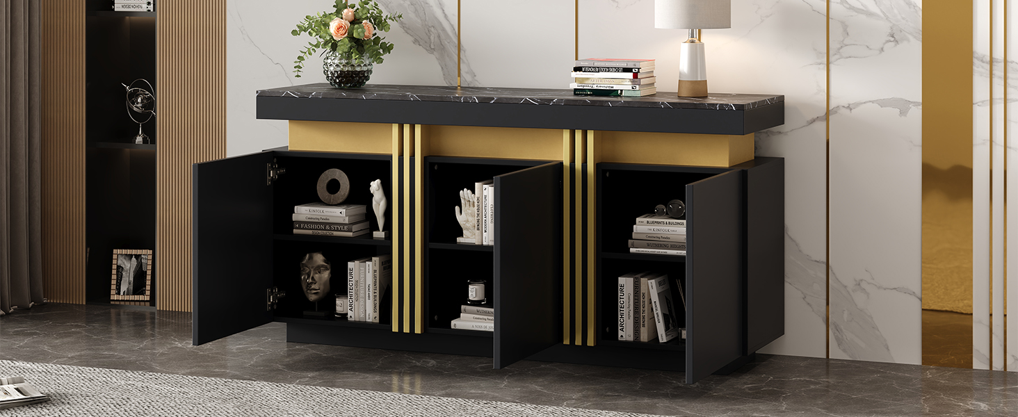 Buffet Salle à Manger Noir 140x38x70 cm, Meuble Bas 3 Portes avec Rangements Modulaires et Plateforme Supérieure pour Décoration