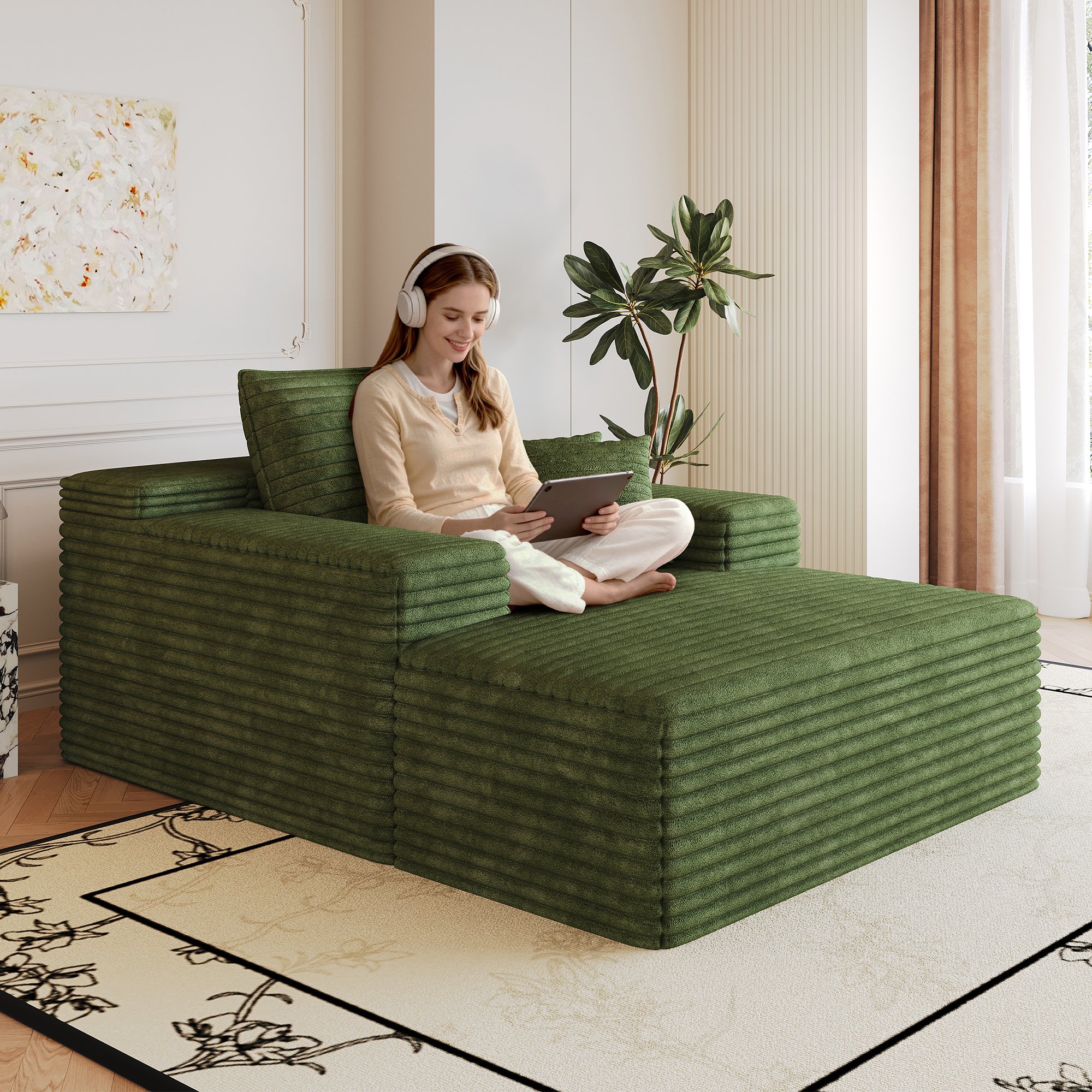 Canapé droit 115x159 cm en velours côtelé vert avec assise profonde, mousse haute élasticité et structure sans assemblage pour salon ou chambre
