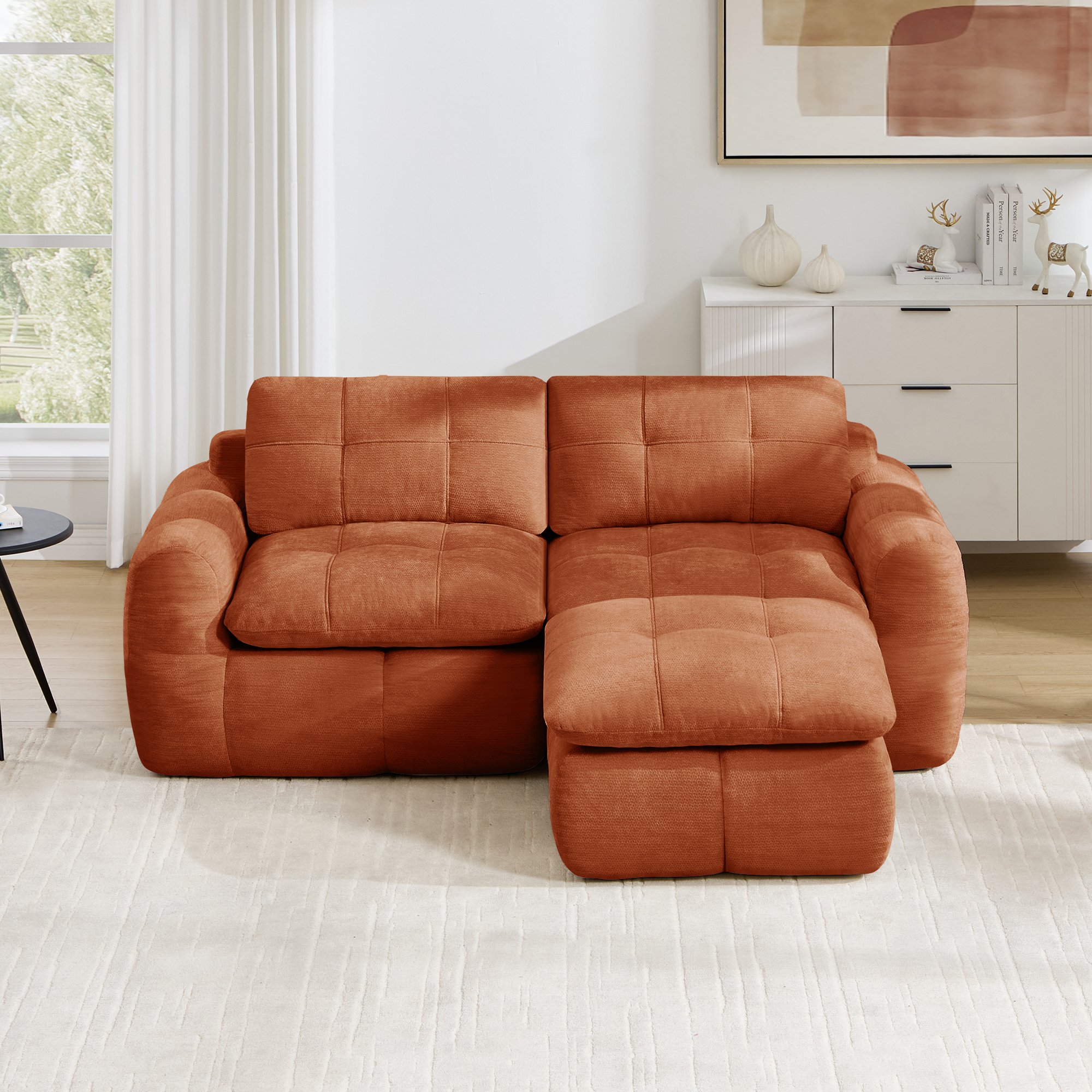 Canapé 2 places format L 194x160x68cm, poids total 42,6kg, capacité 550kg, housse chenille orange amovible, livraison en 3 colis