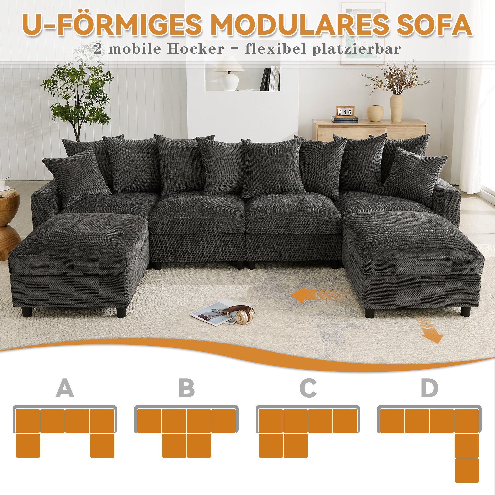 Canapé d'angle modulable 6 places en tissu chenille gris avec ports USB Type-C, 2 poufs inclus et 10 coussins pour salon moderne