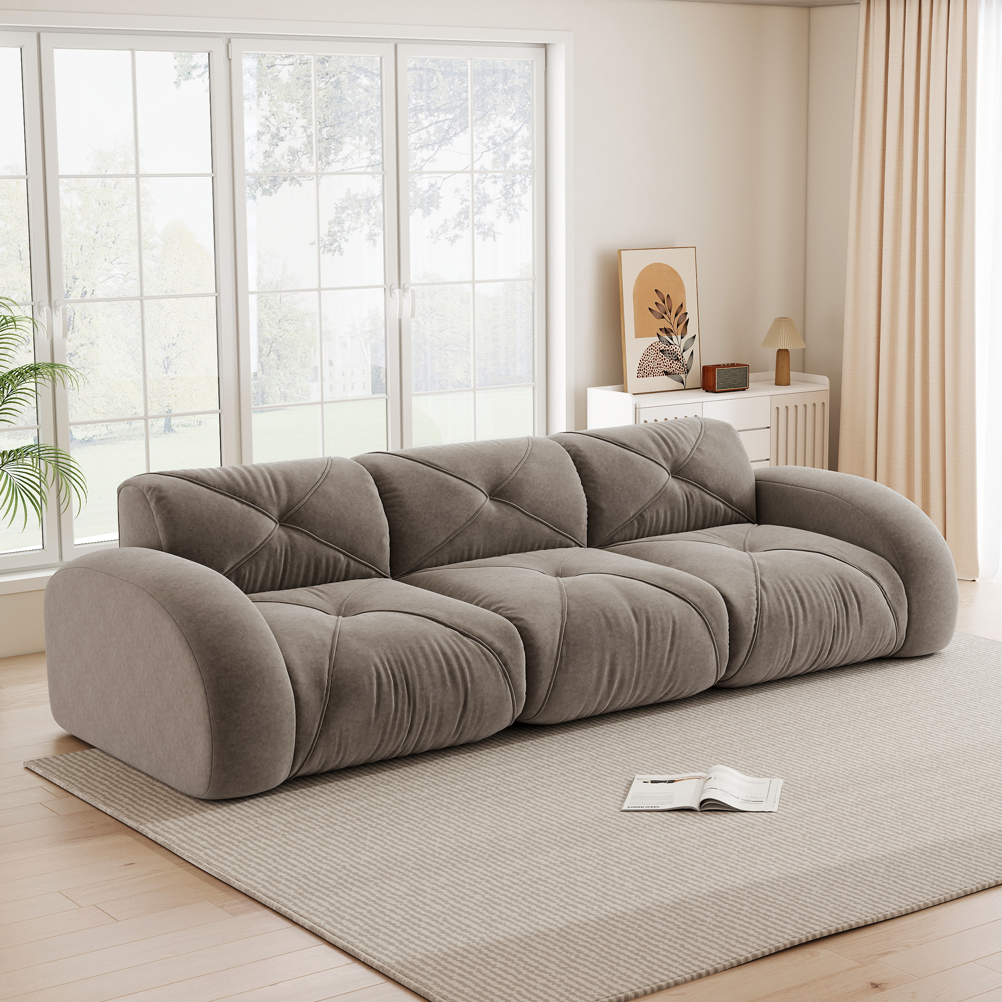 Canapé modulable 3 places sans dossier, dimensions 281x95x76 cm, revêtement chenille taupe antidérapant pour salon moderne