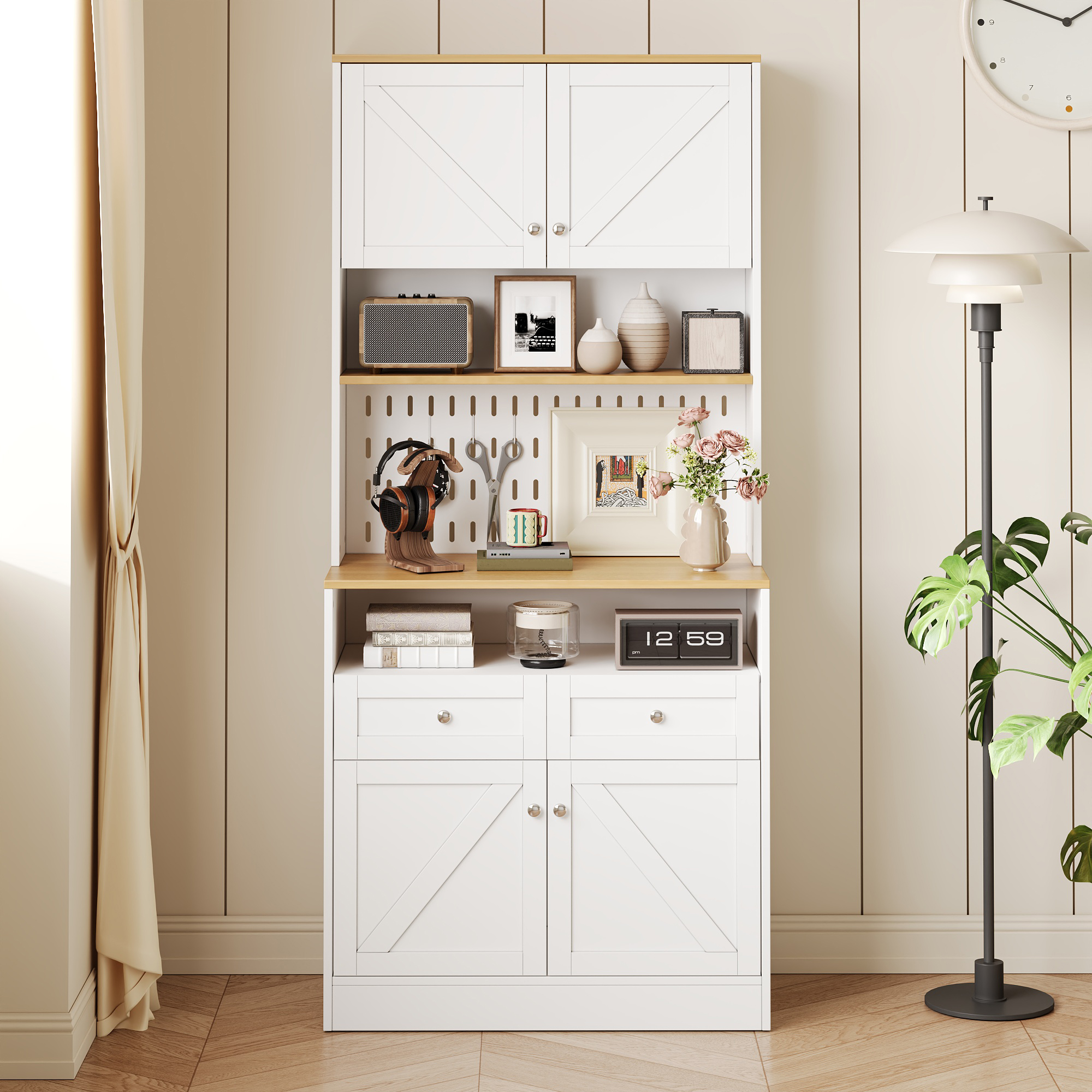 Buffet Cuisine Blanc et Bois Naturel, Meuble Vaisselier avec 2 Tiroirs et 4 Portes, Design Style Grange pour Salle à Manger