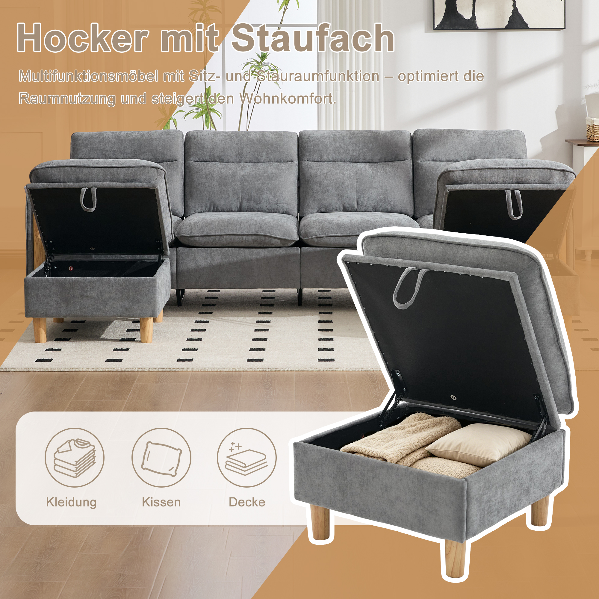 Rangement dissimulé sous les poufs