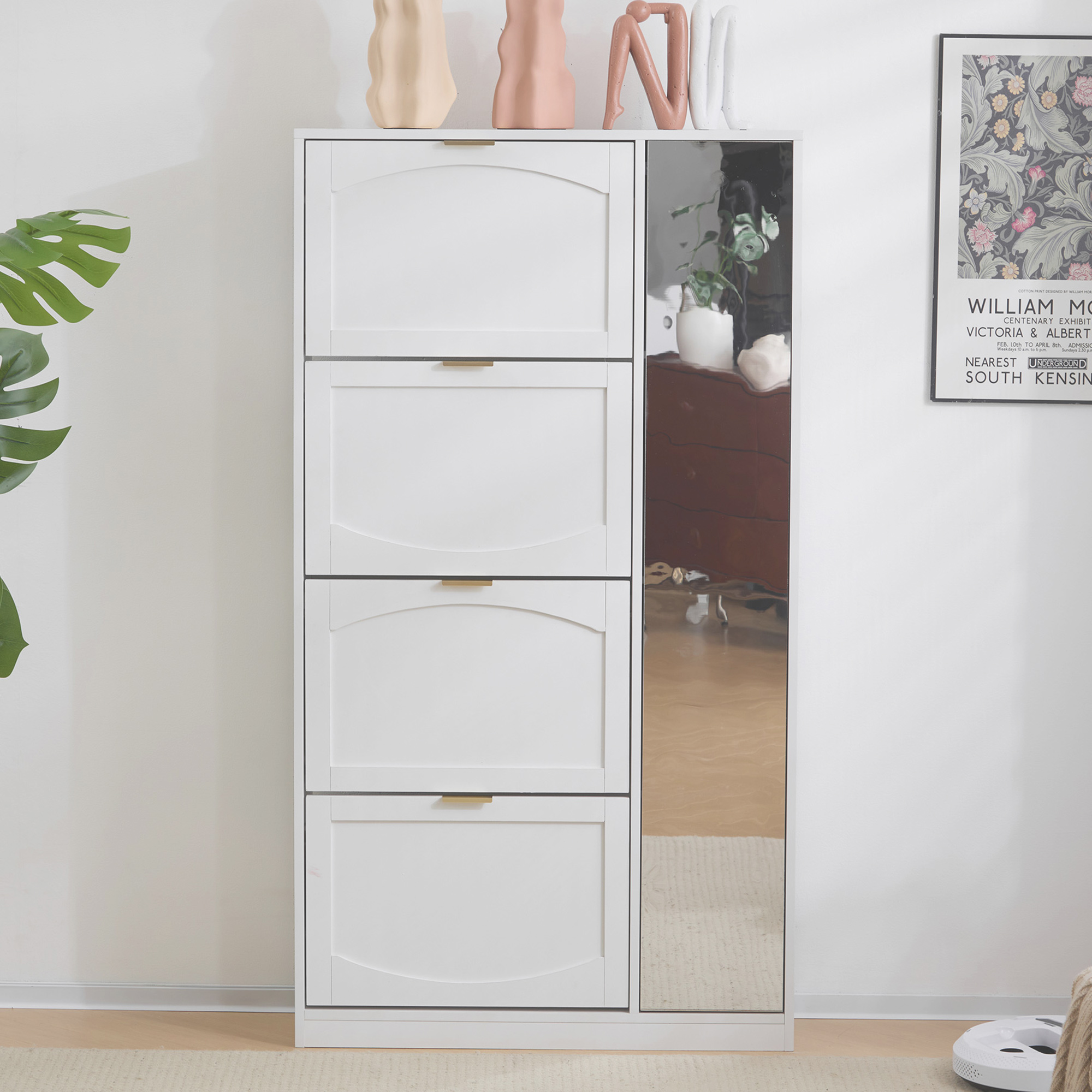 Meuble à chaussures avec miroir 80x24x147 cm, 4 tiroirs coulissants et étagère réglable, rangement entrée moderne blanc