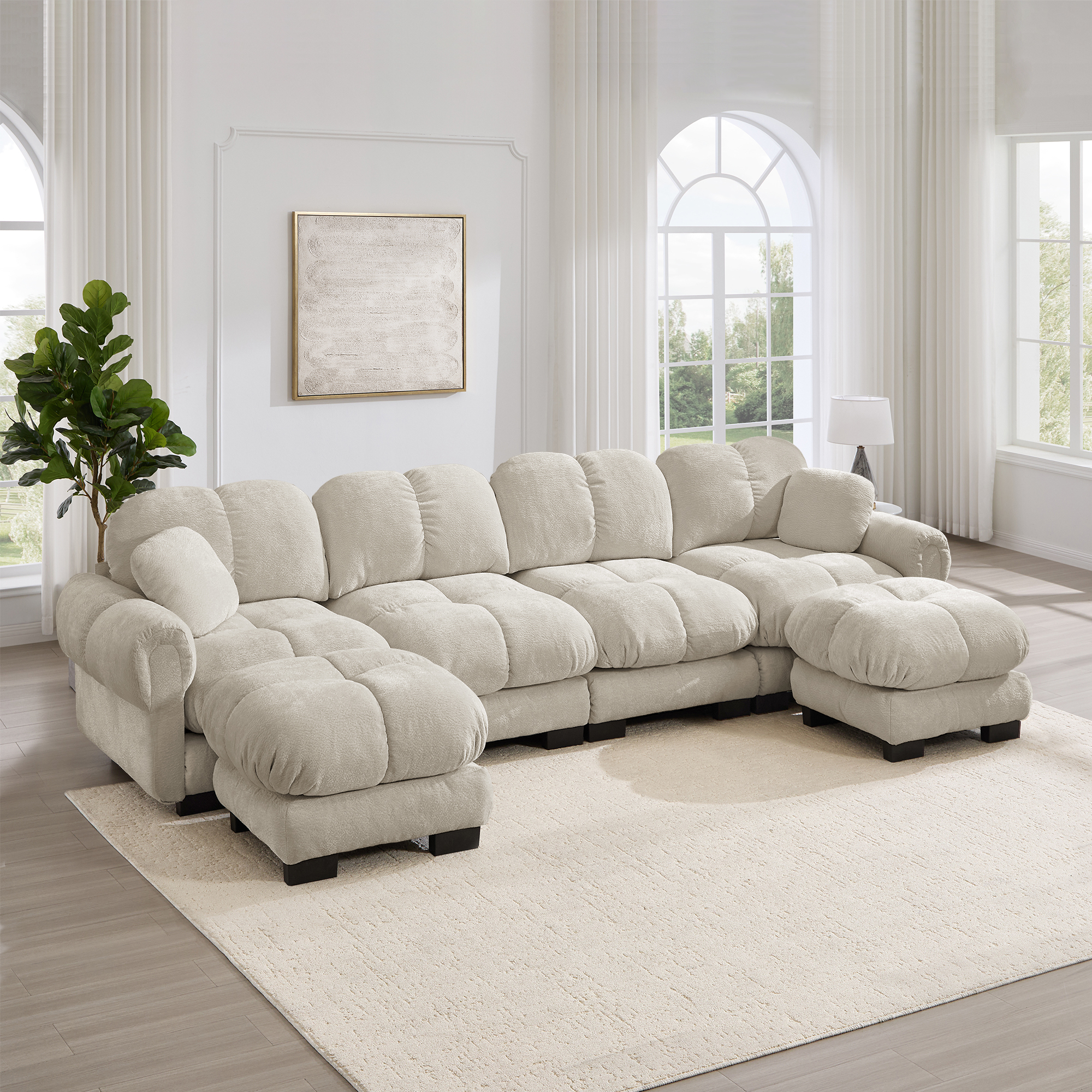Canapé Modulable 4 Places en U avec 2 Ottomanes, Design Ergonomique Confortable et Soutien Dos, Tissu Chenille Doux Beige Clair