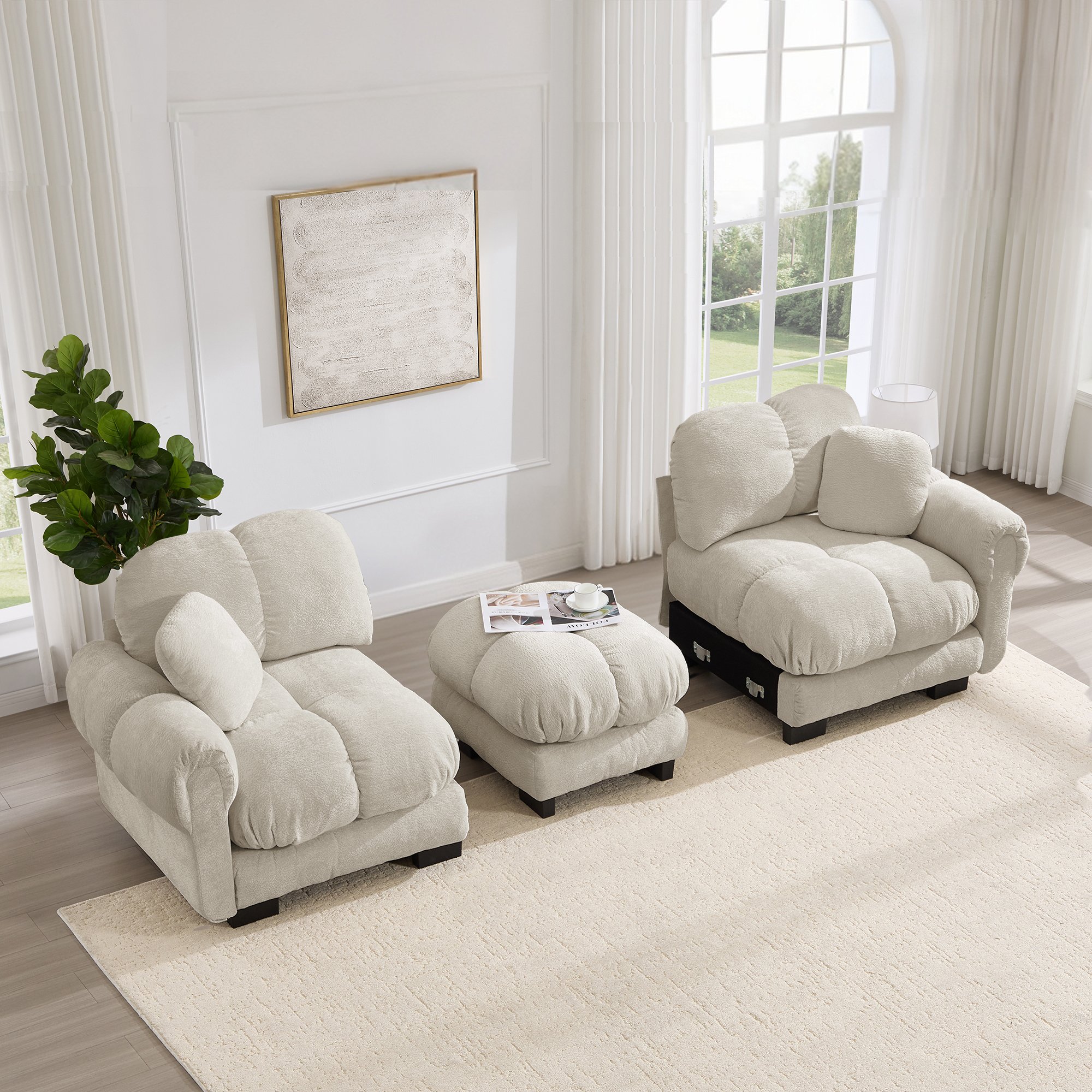 Canapé d'angle modulable 2 places couleur kaki clair en chenille, avec pouf ottoman détachable et coussin lombaire inclus