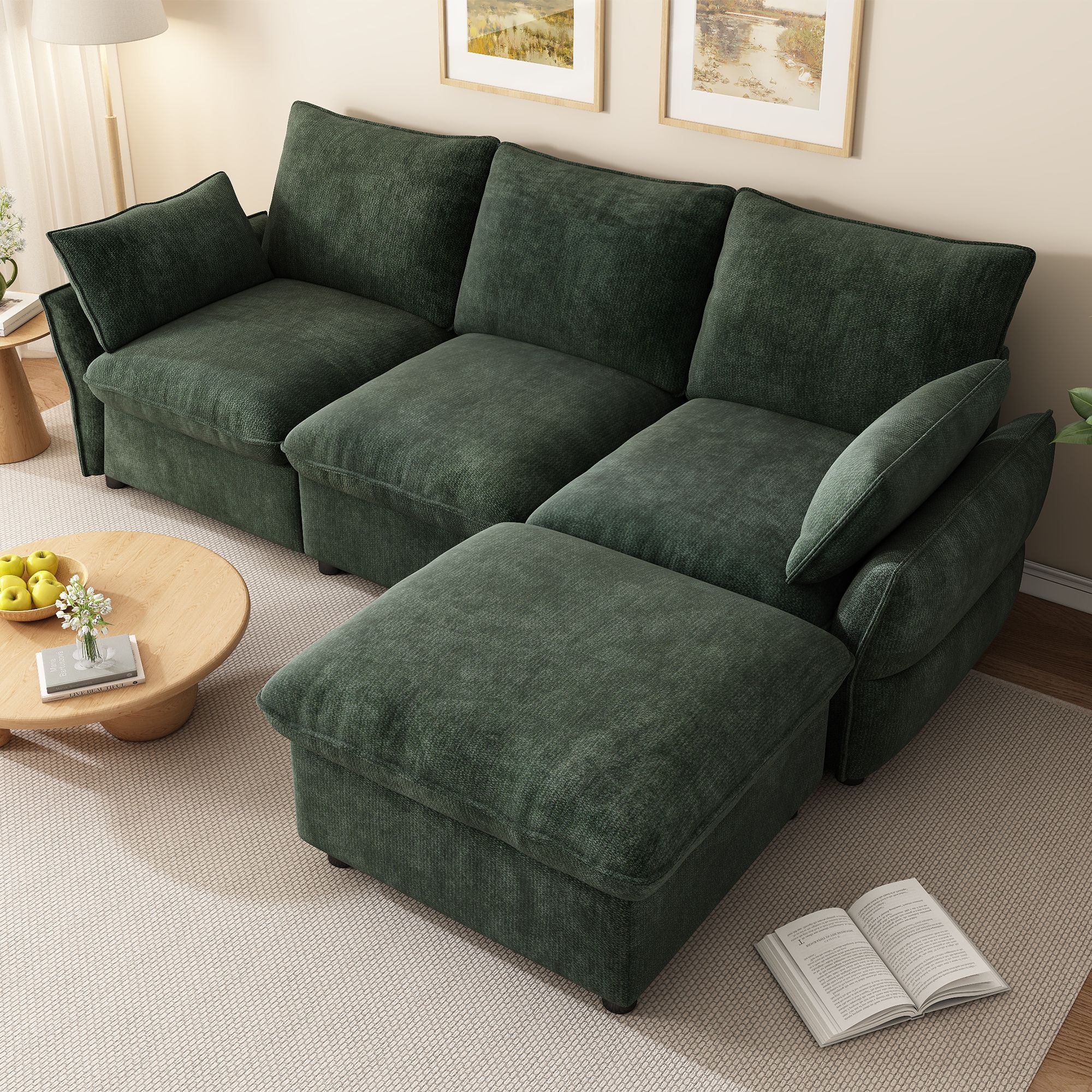 Canapé d'angle tissu chenille doux, cadre bois massif et métal, pieds plastique, rembourrage mousse et ressorts, couleur vert sombre
