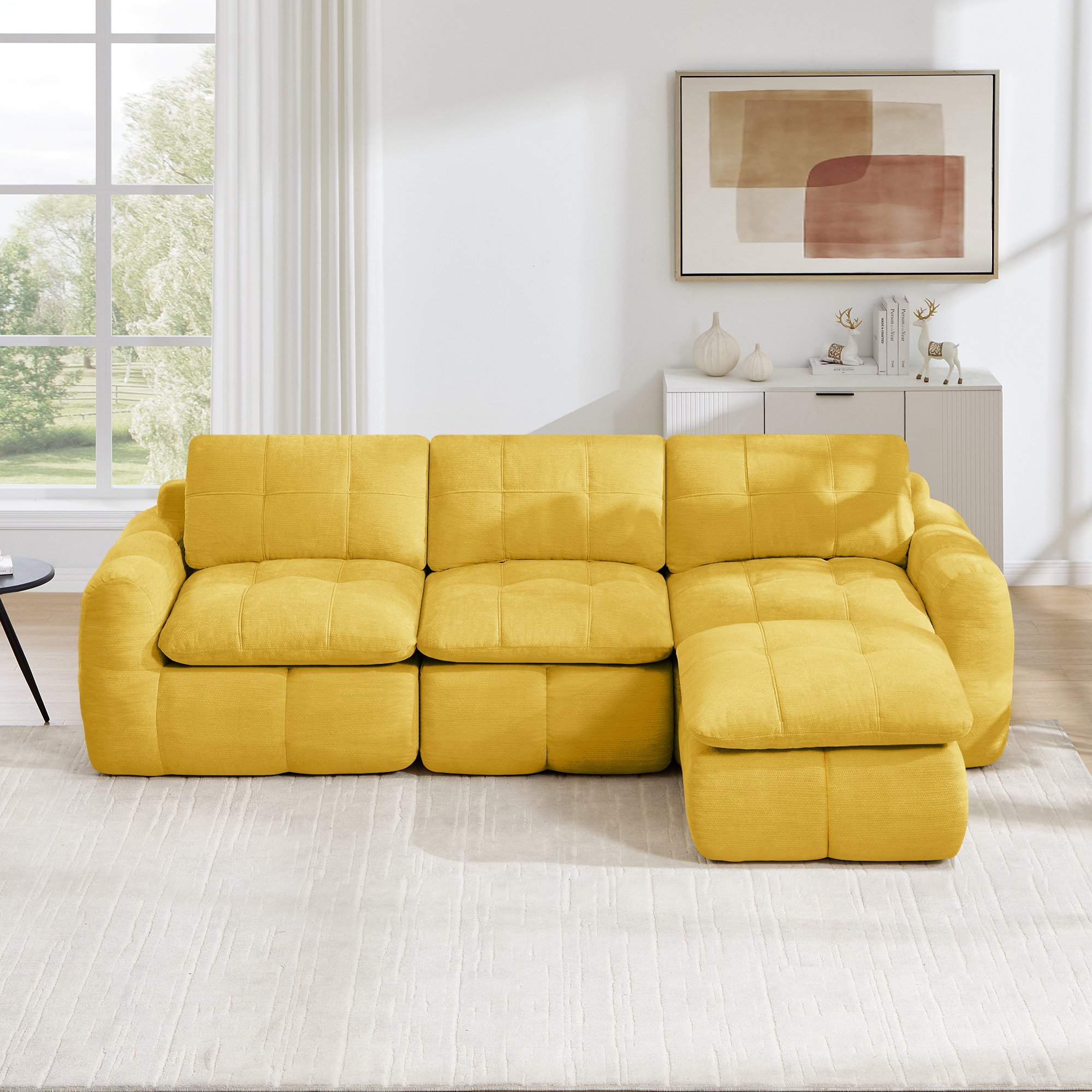 Canapé d'angle modulable 3 places jaune en tissu chenille sans cadre avec ottoman, mousse haute densité 32D pour salon et appartement moderne