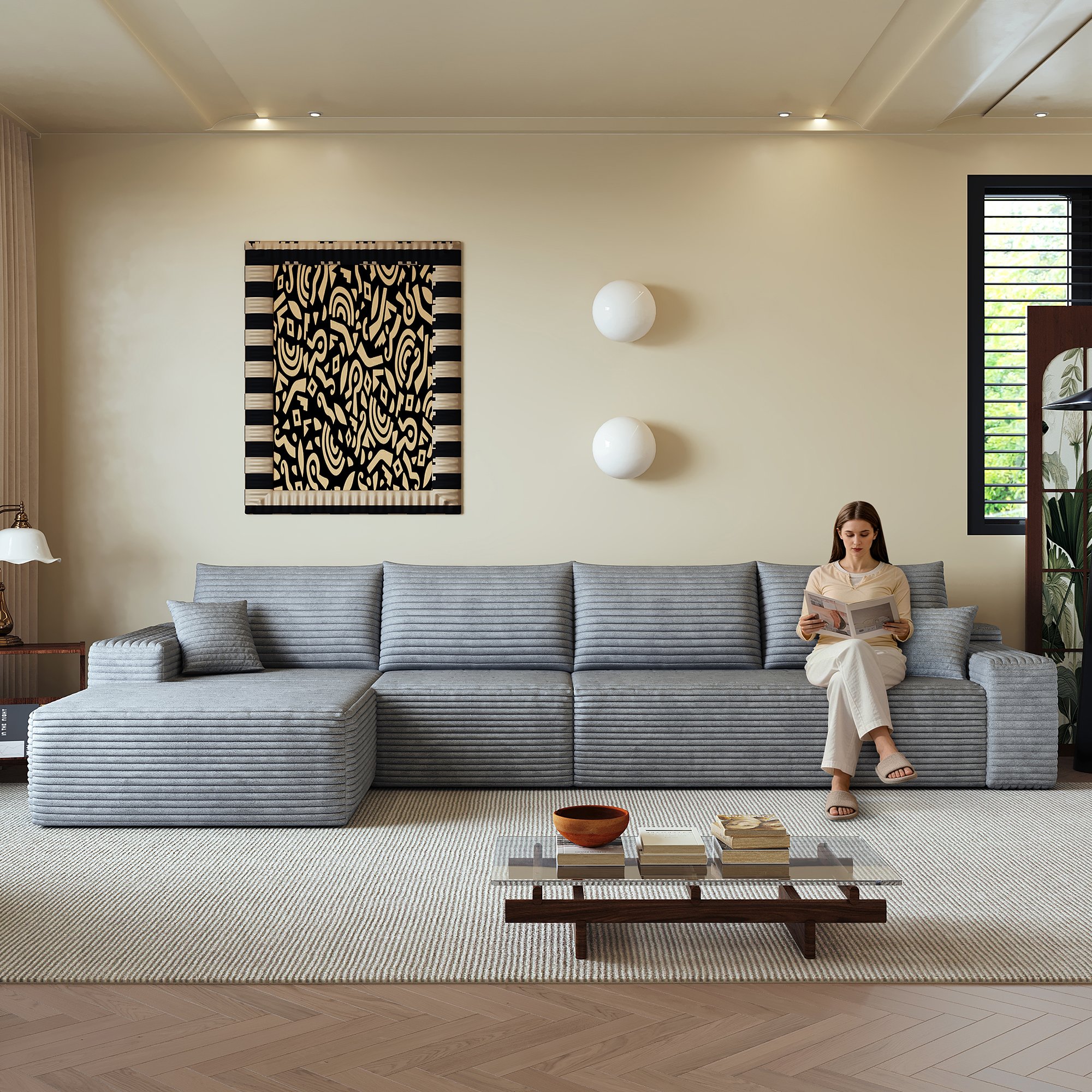 Canapé d'angle modulable gris 340cm sans assemblage, tissu côtelé doux et mousse élastique, livraison facile en colis compressés