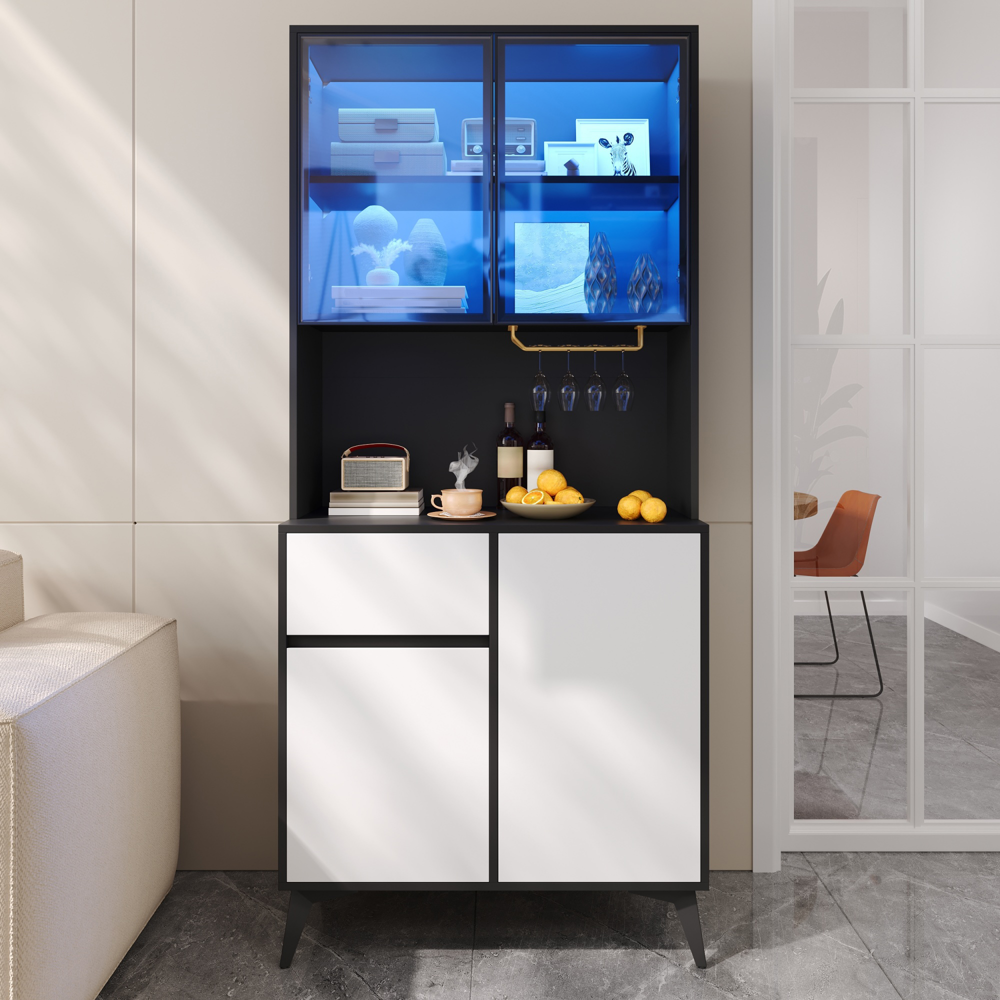 Vitrine Panneau composite de fibres de bois à densité Noir Blanc 80x40x180cm Buffet Cuisine 4 Portes Verre 1 Tiroir Charnières Silencieuses