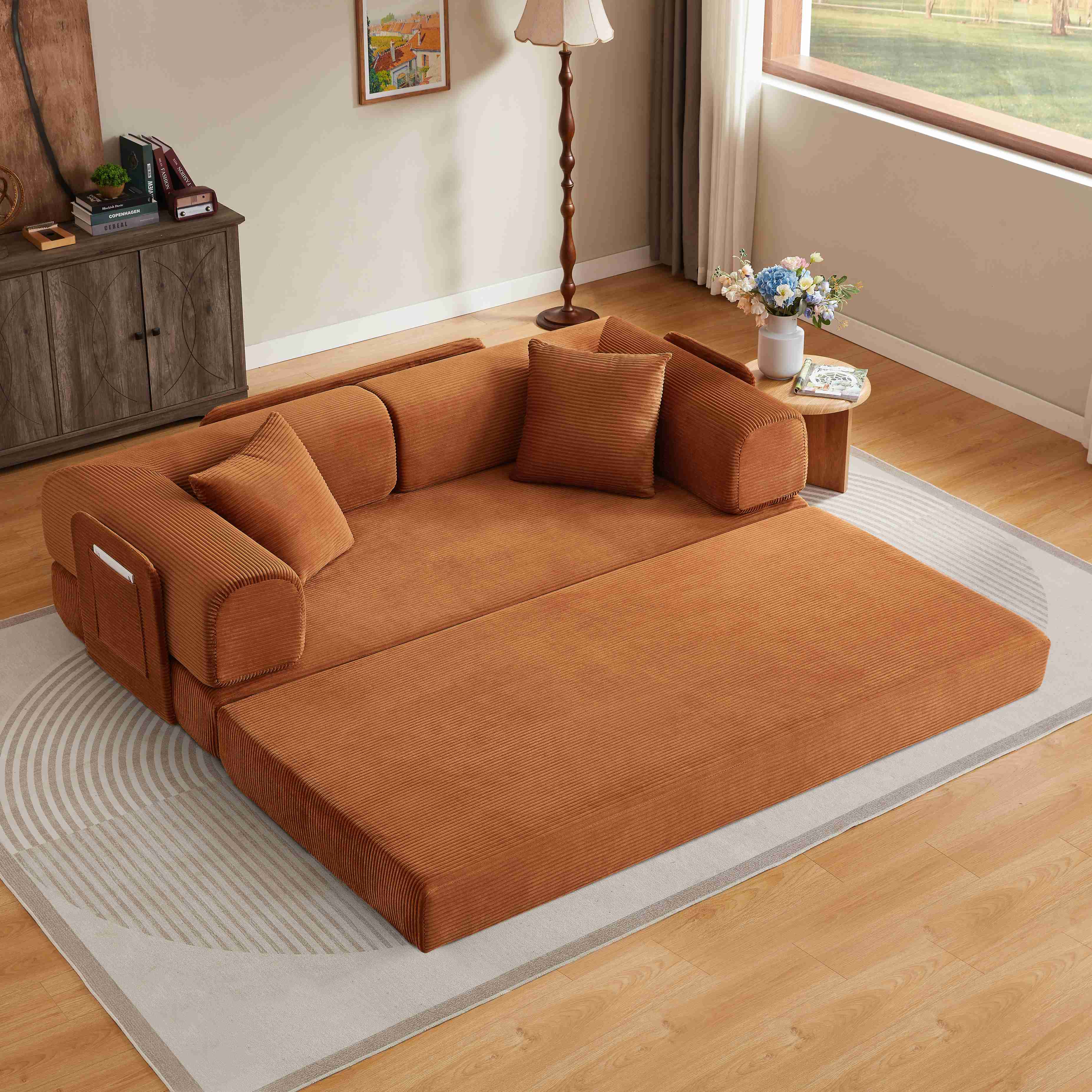 Canapé-lit Tatami Terracotta en Corduroy avec Mousse Haute Densité et Structure Acier Chromé pour Salon Chambre