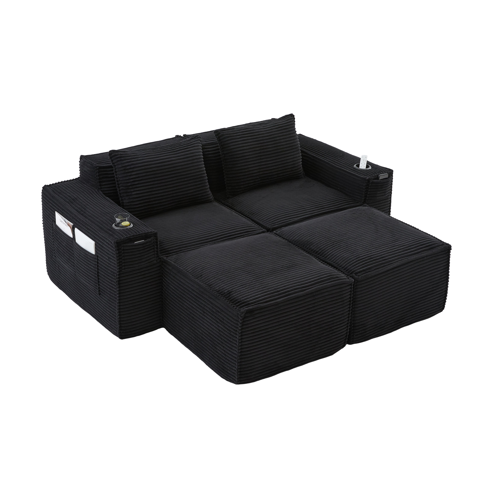 Canapé 2 places modulable noir en corduroy avec 2 poufs, porte-gobelets et poches latérales, rembourrage mousse haute densité et ressorts, sans montage requis pour petit espace