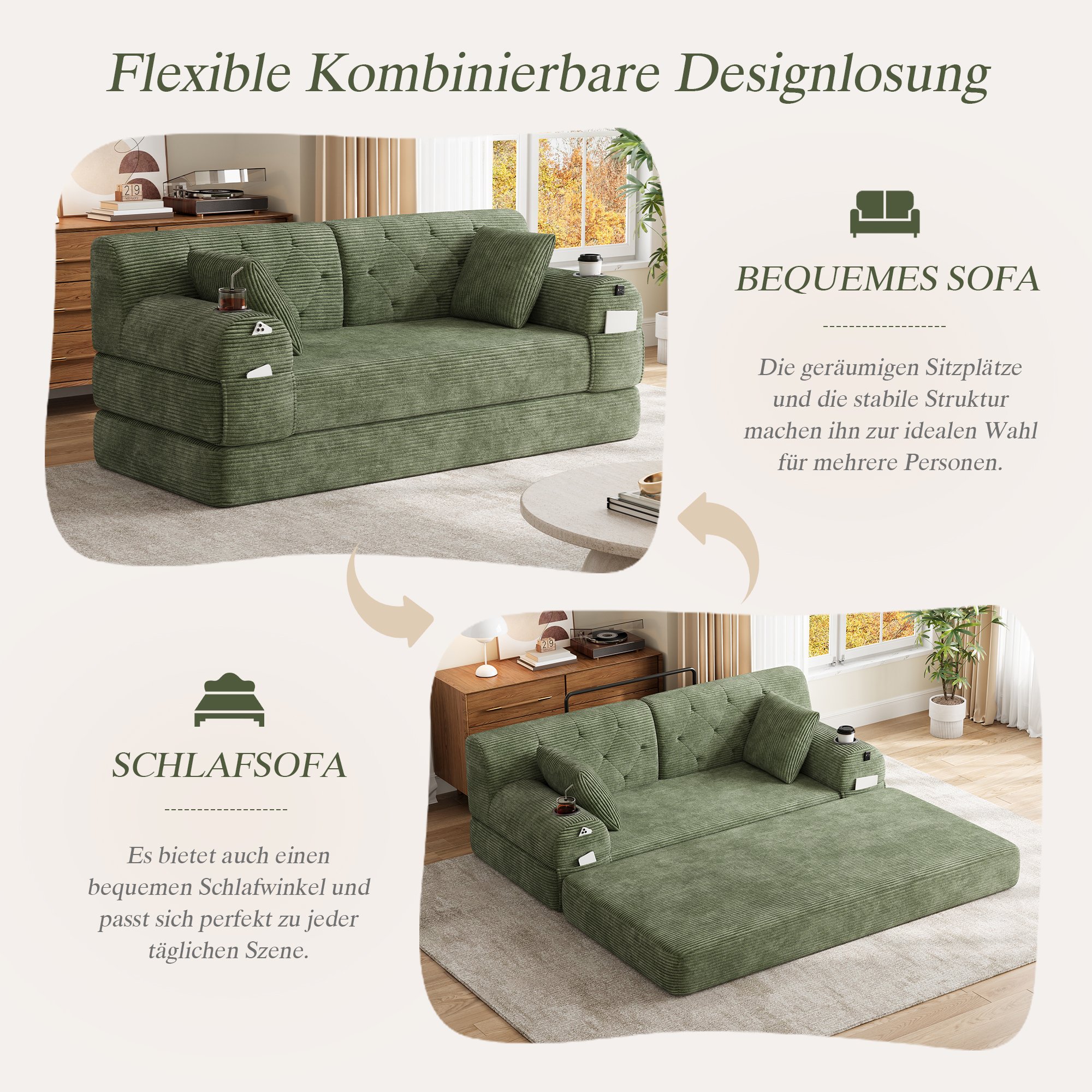 Canapé-lit corduroy vert 168x80x81 cm, cadre métal robuste, coussins confortables, design capitonné, solution pratique pour studio