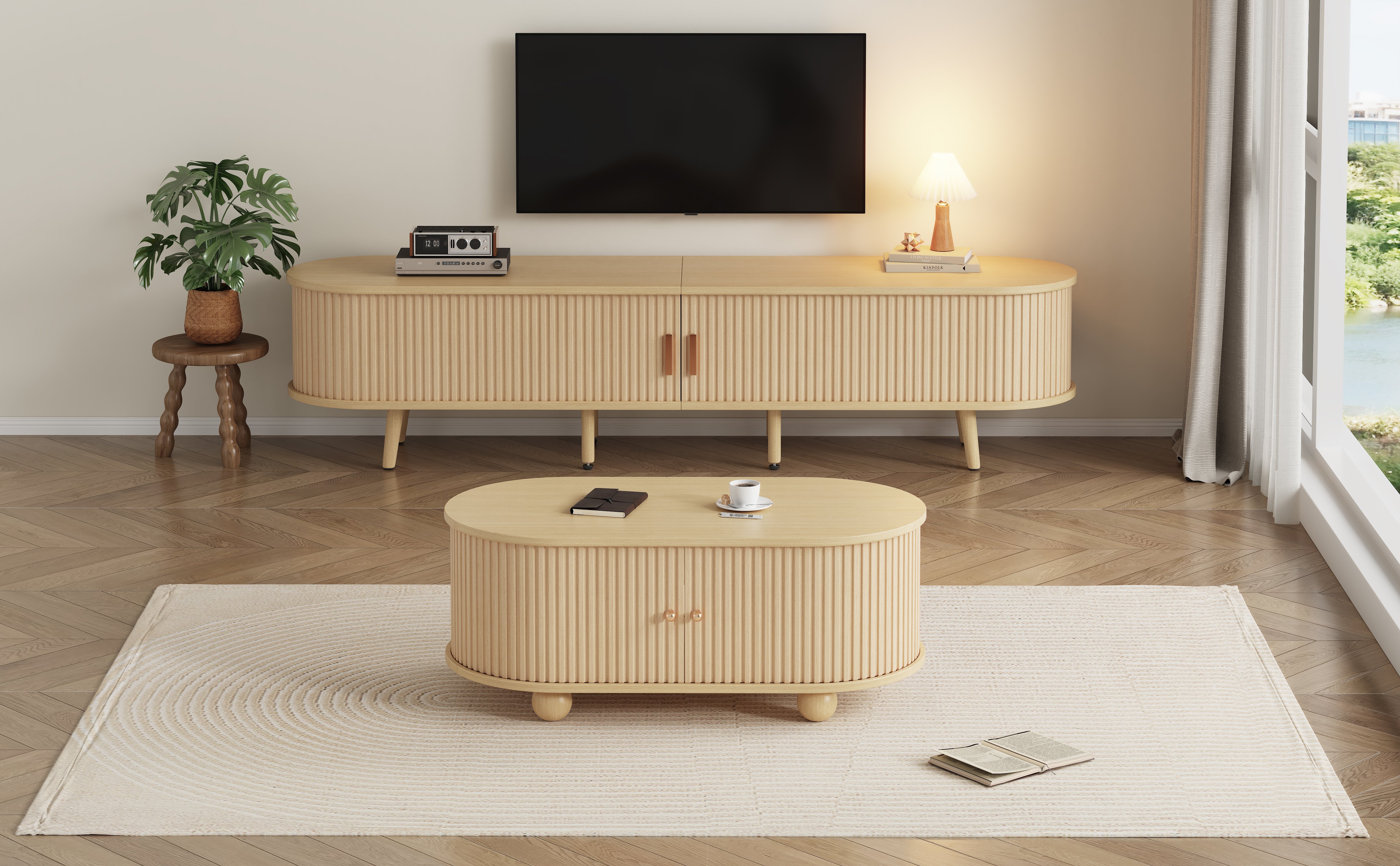 Meuble TV avec Double Tiroir et Porte Coulissante Table Basse Rangement Ouvert Ajustable