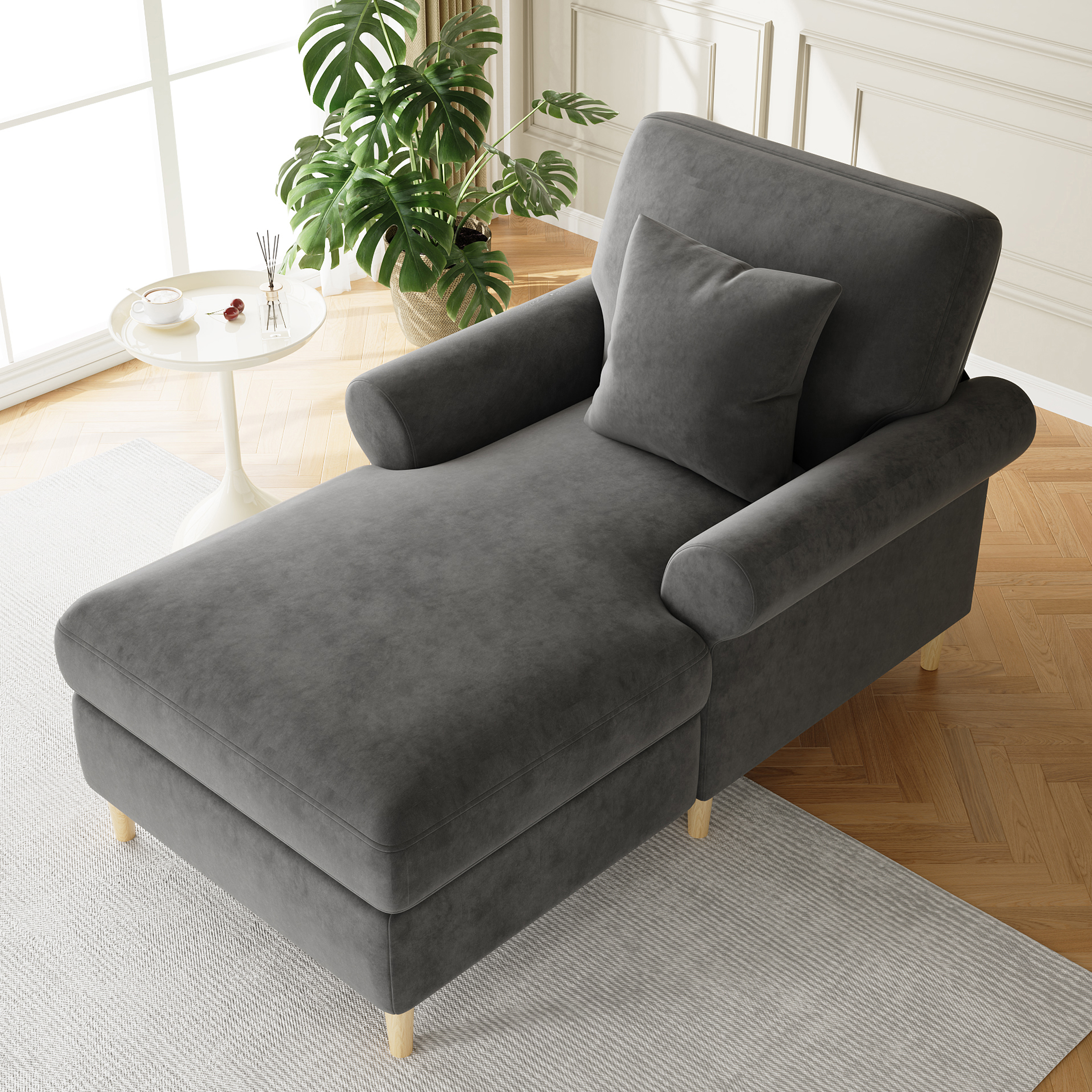 Canapé convertible 1 place 133x87x90 cm en velours gris avec assise rembourrée et coussin inclus