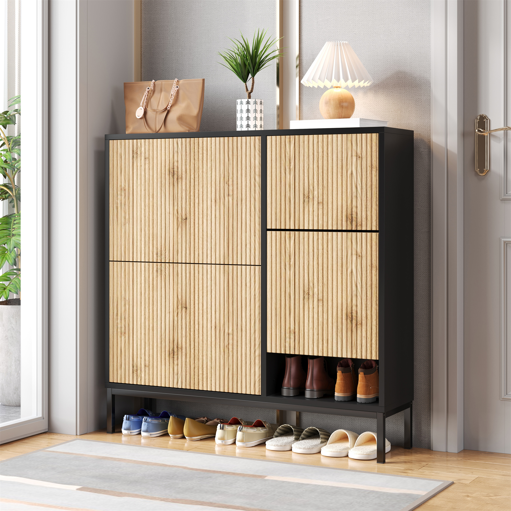 Meuble à chaussures 100x25x100 cm, Noir et Bois Naturel, Panneau composite de fibres de bois à densité, Avec Banc Intégré et Portes Abattantes