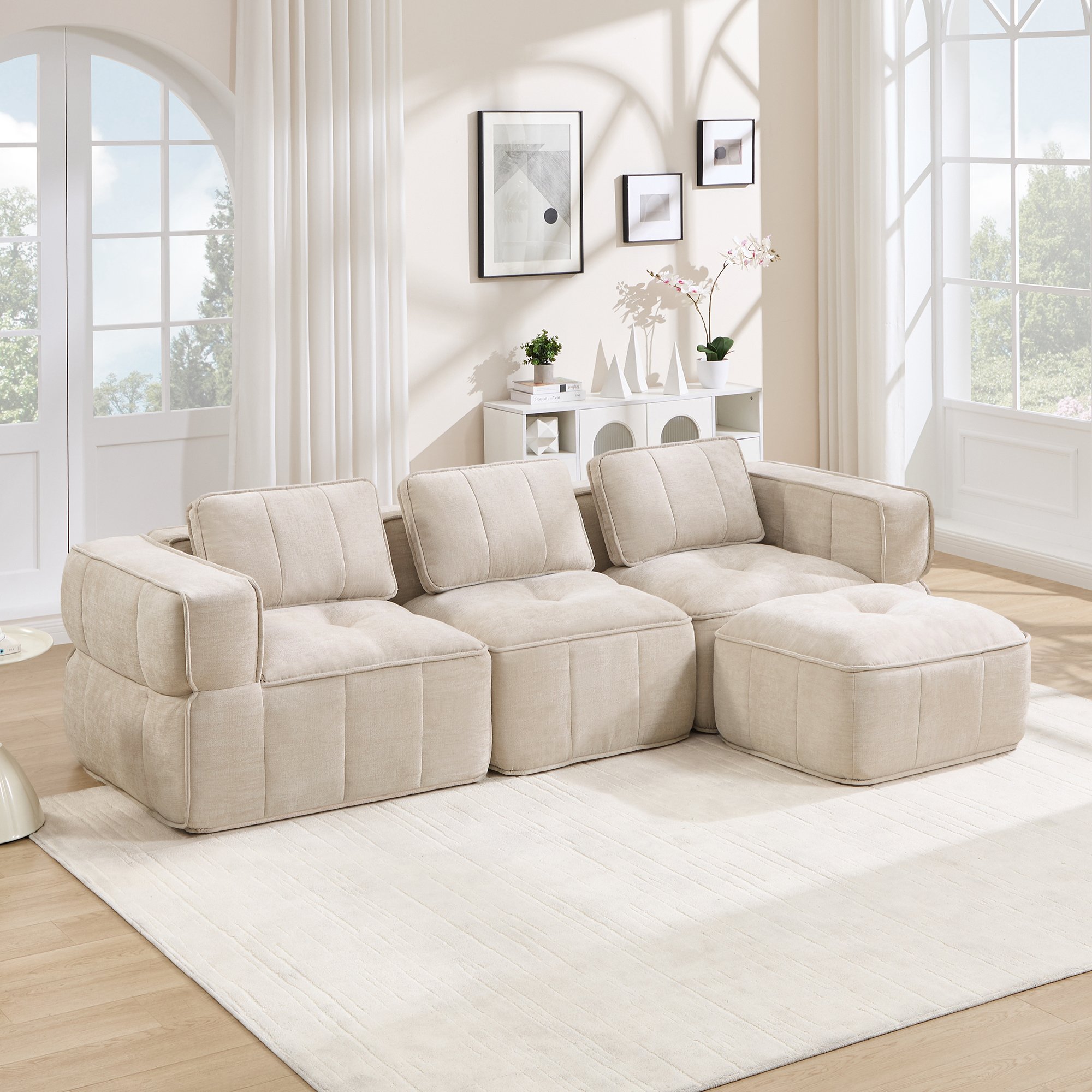 Canapé d'angle modulable 3 places beige en polyester sans cadre avec pouf, mousse haute densité 32D pour salon moderne