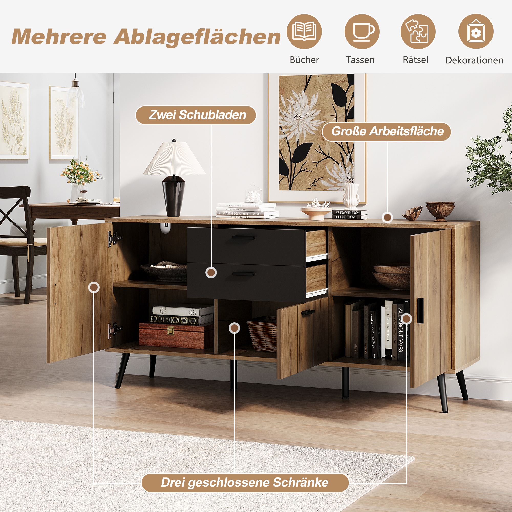 Buffet Salon Moderne avec Étagères Intérieures, Meuble Rangement 140x35x67cm, 2 Tiroirs et 3 Portes à Charnières