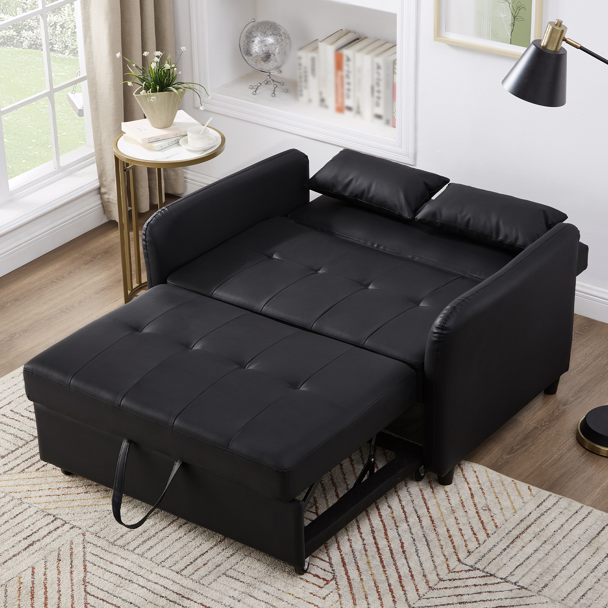 Canapé Convertible 2 Places avec Coffre de Rangement Intégré Dossier 3 Positions Matériaux PU Imperméable Noir