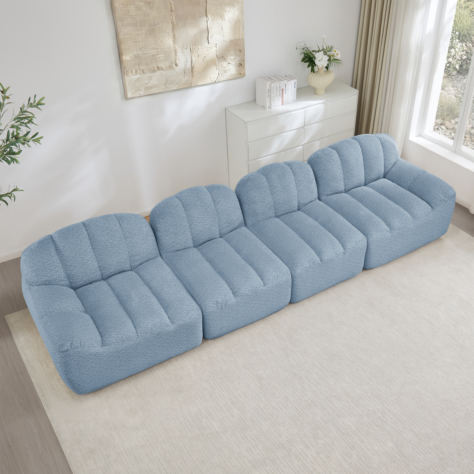 Canapé Modulable 4 Places Tissu Velours Granuleux Bleu Structure Sans Ossature Forme Coque Confort Mousse Haute Densité