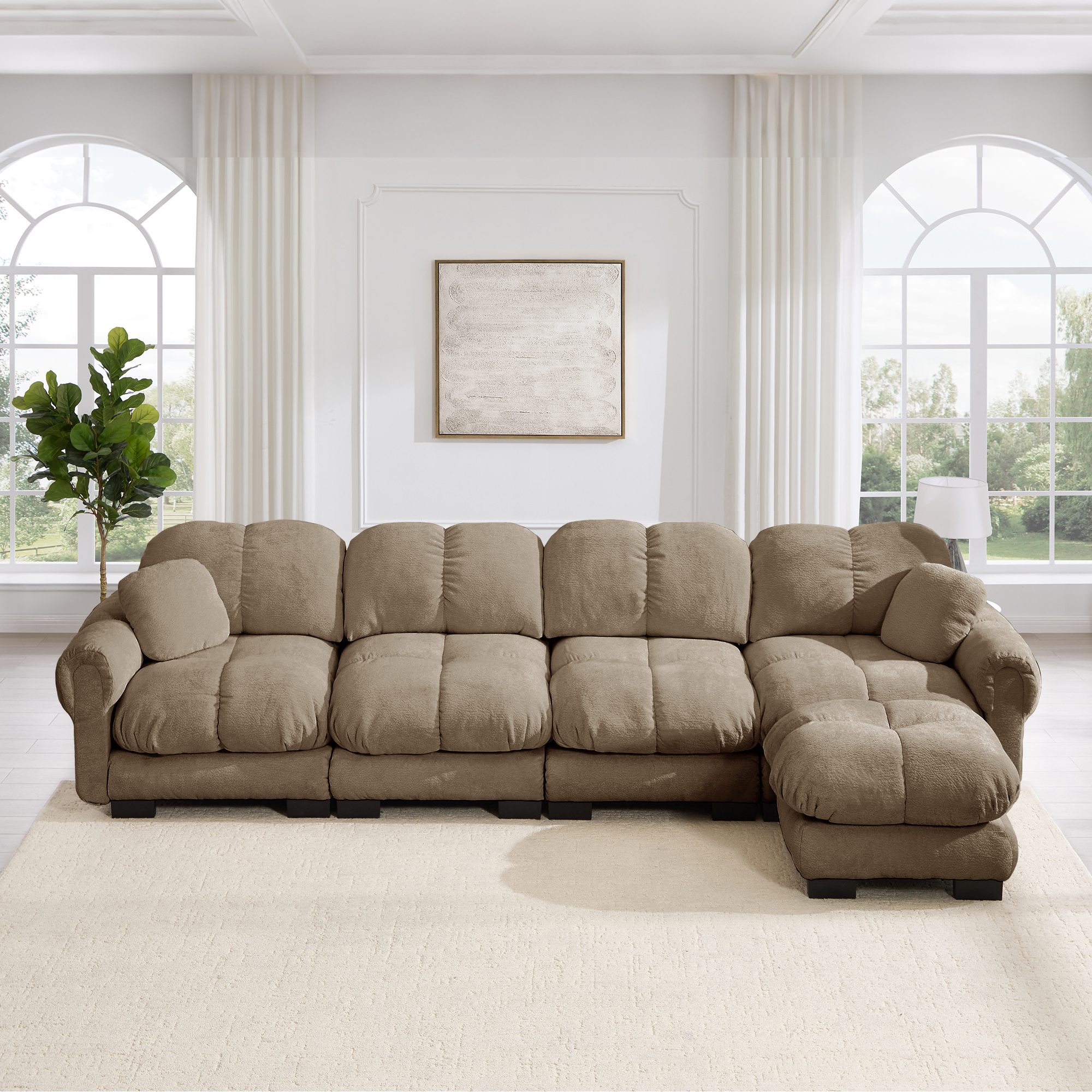 Canapé d'angle modulable 4 places en tissu Chenille marron avec ottomane mobile et dossier ergonomique