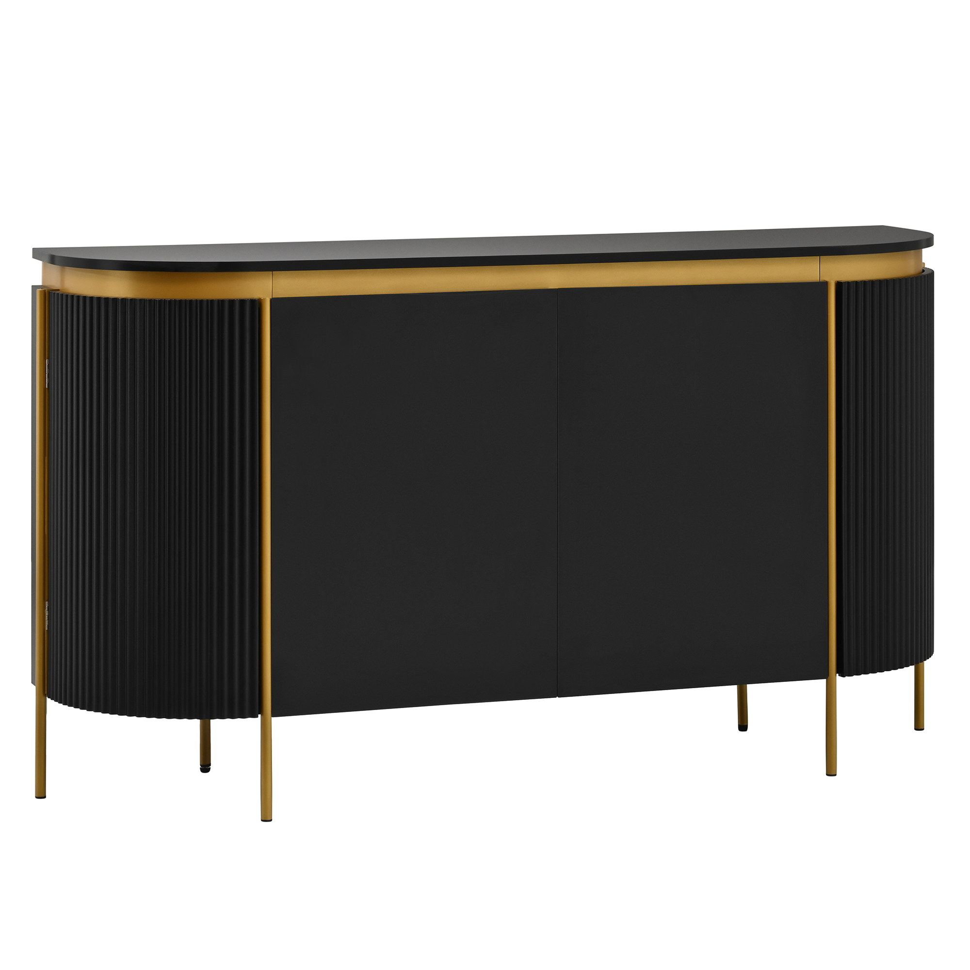 Buffet Contemporain Ovale Noir, Meuble Entrée 4 Portes Bord Doré et Pieds Surélevés pour Nettoyage Robot Aspirateur