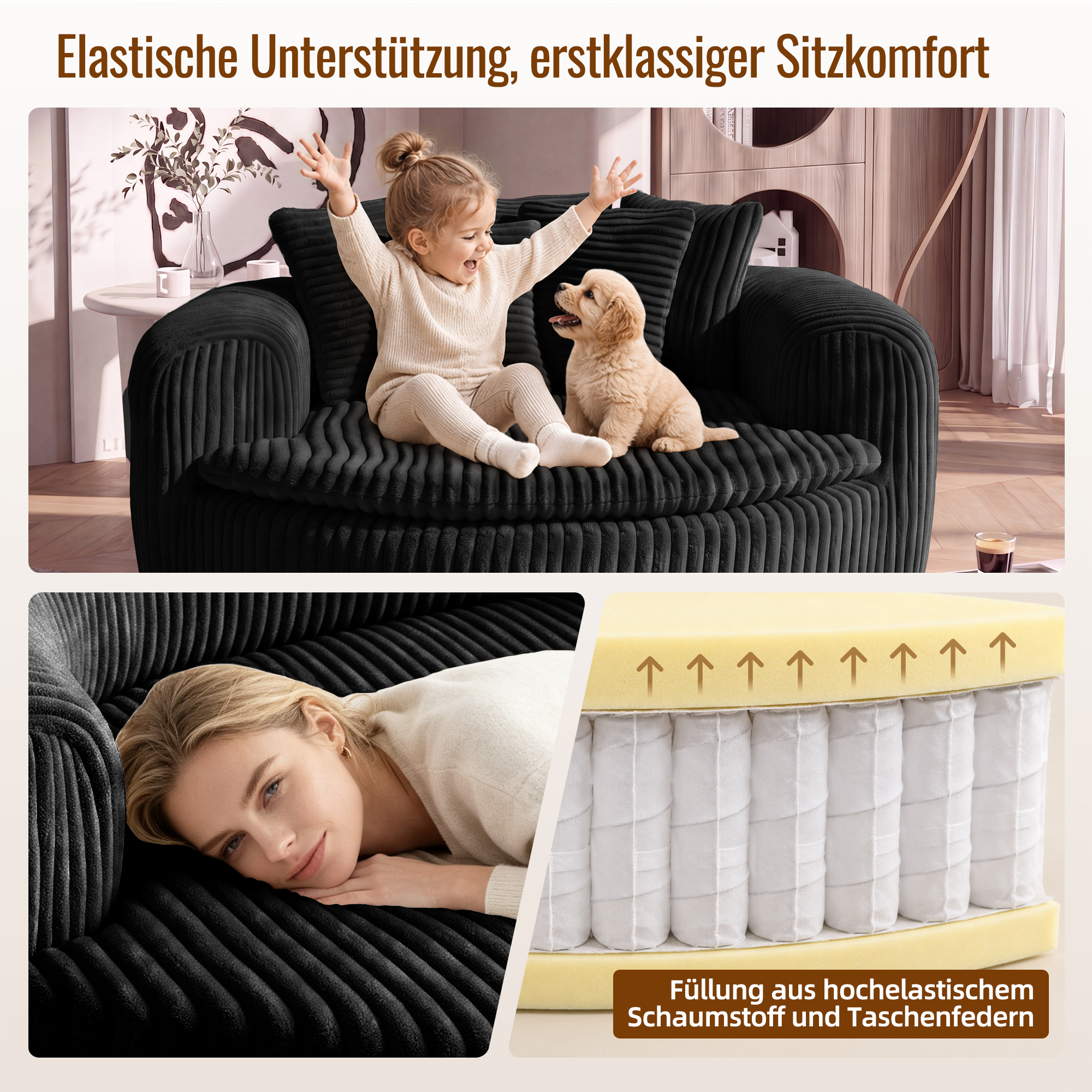 Fauteuil Lounge Profond Tissu Côtelé Noir Avec 5 Coussins Dossier Amovibles Confort Relaxant Lecture Salon Chambre