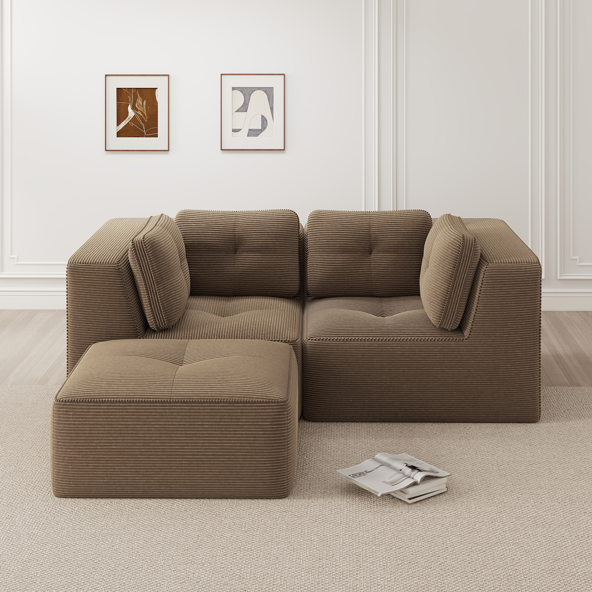 Canapé d'angle modulable avec repose-pieds mobile et design sans dossier, facile à assembler et adapté aux petits espaces