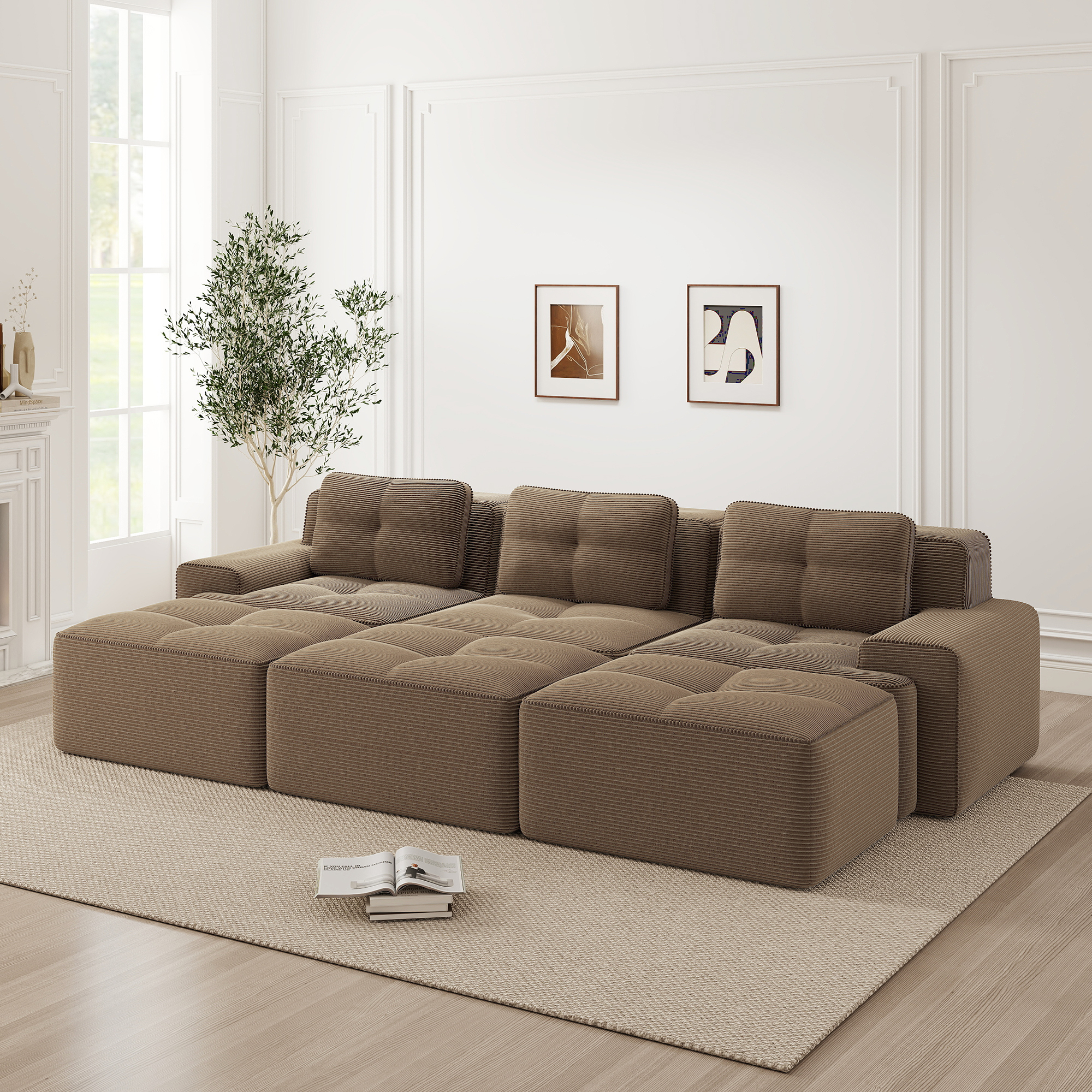 Canapé d'angle convertible avec hocker, canapé modulable convertible tissu côtelé marron, design boneless facile à installer