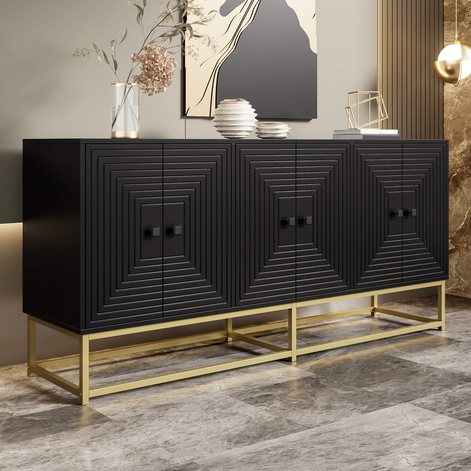 Buffet Noir Mat Panneau de Particules avec 3 Grandes Portes Sans Tiroirs Meuble de Rangement Salon Moderne 160x38x75,5 cm