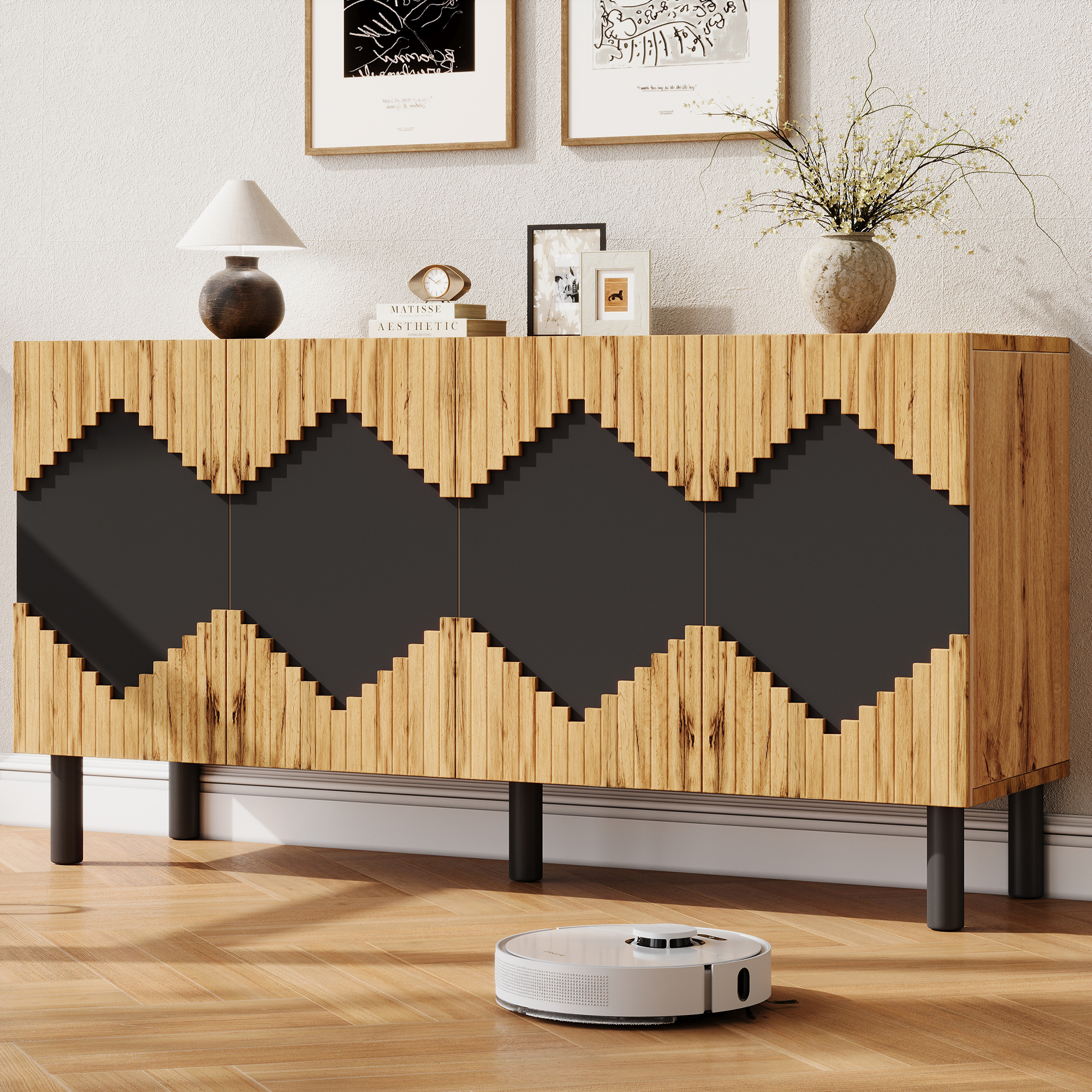 Buffet Moderne 140x40x70cm Meuble Rangement Bois Noir Avec Portes Push-Open Et Design Losange Pour Salon