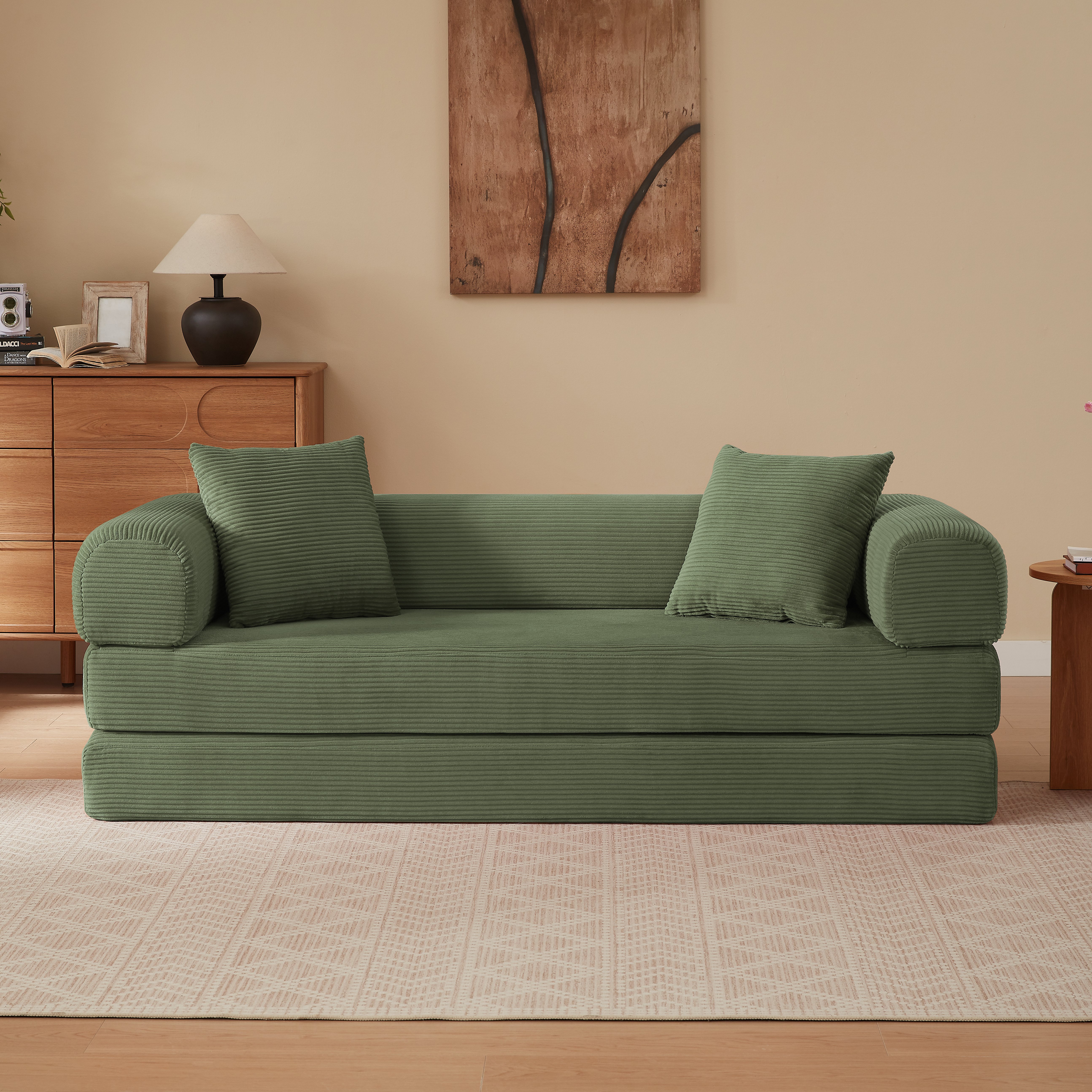 Canapé Convertible Lit 1 Place Vert Avec Rangement Sous le Couchage Tissu Velours Respirant 195 Cm