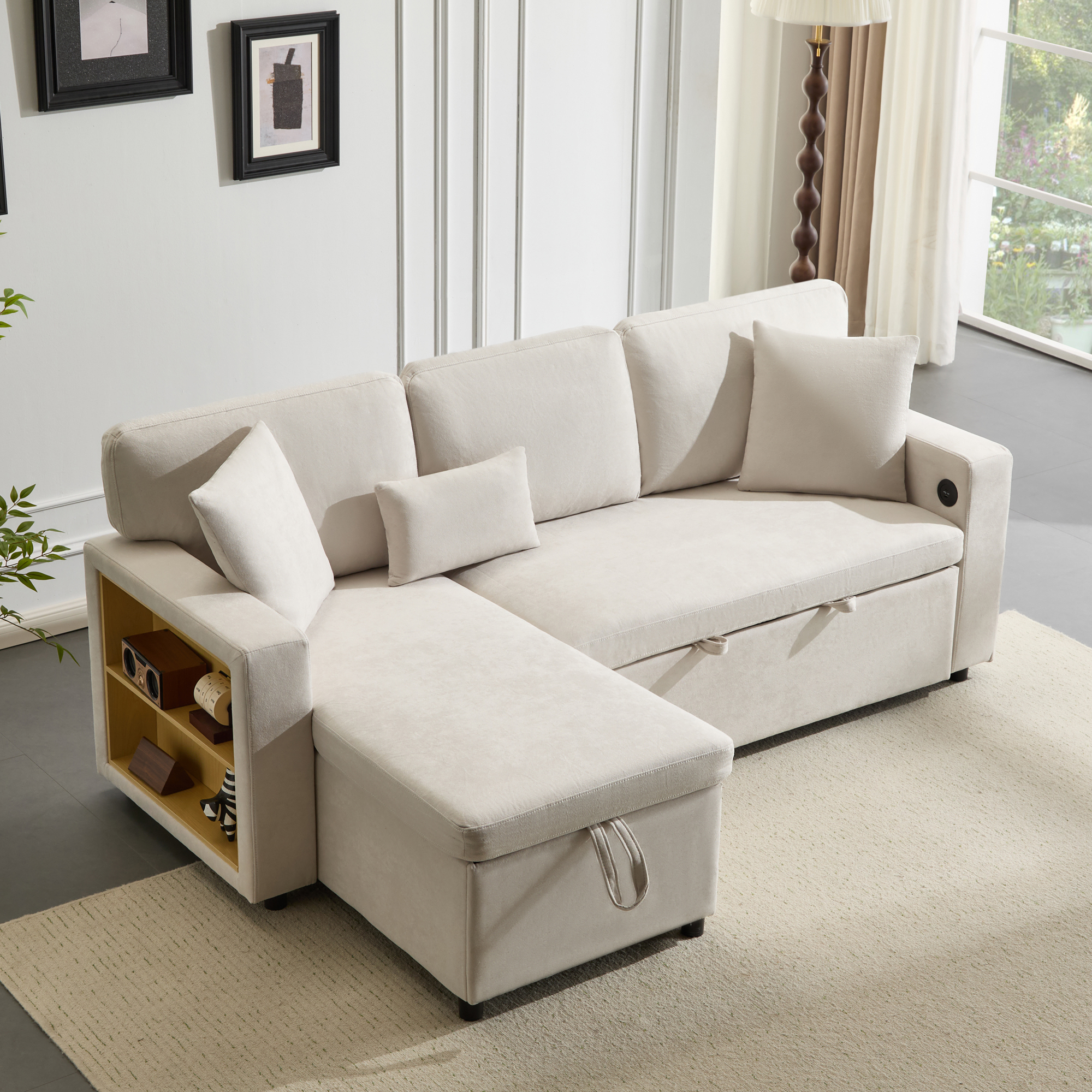Lit avec rangement et tiroirs intégrés pour petit espace, flanelle beige, USB et roulettes