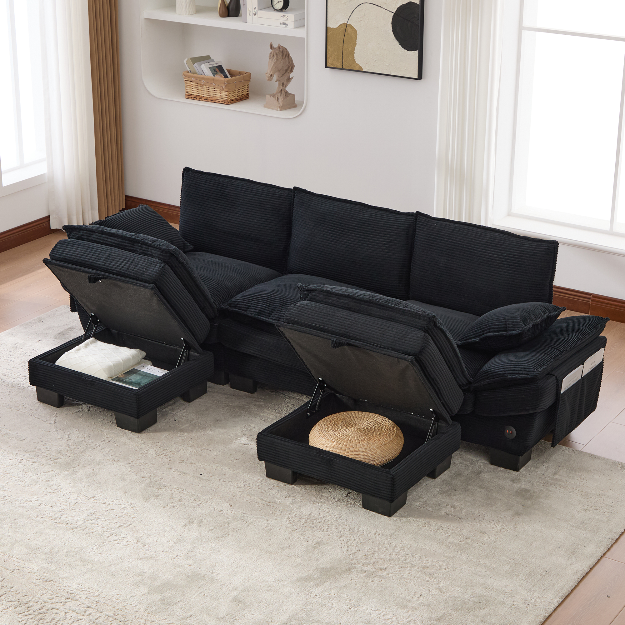 Canapé d'angle 3 places 260x132x84 cm avec 2 poufs et coffre de rangement intégré sous le pouf