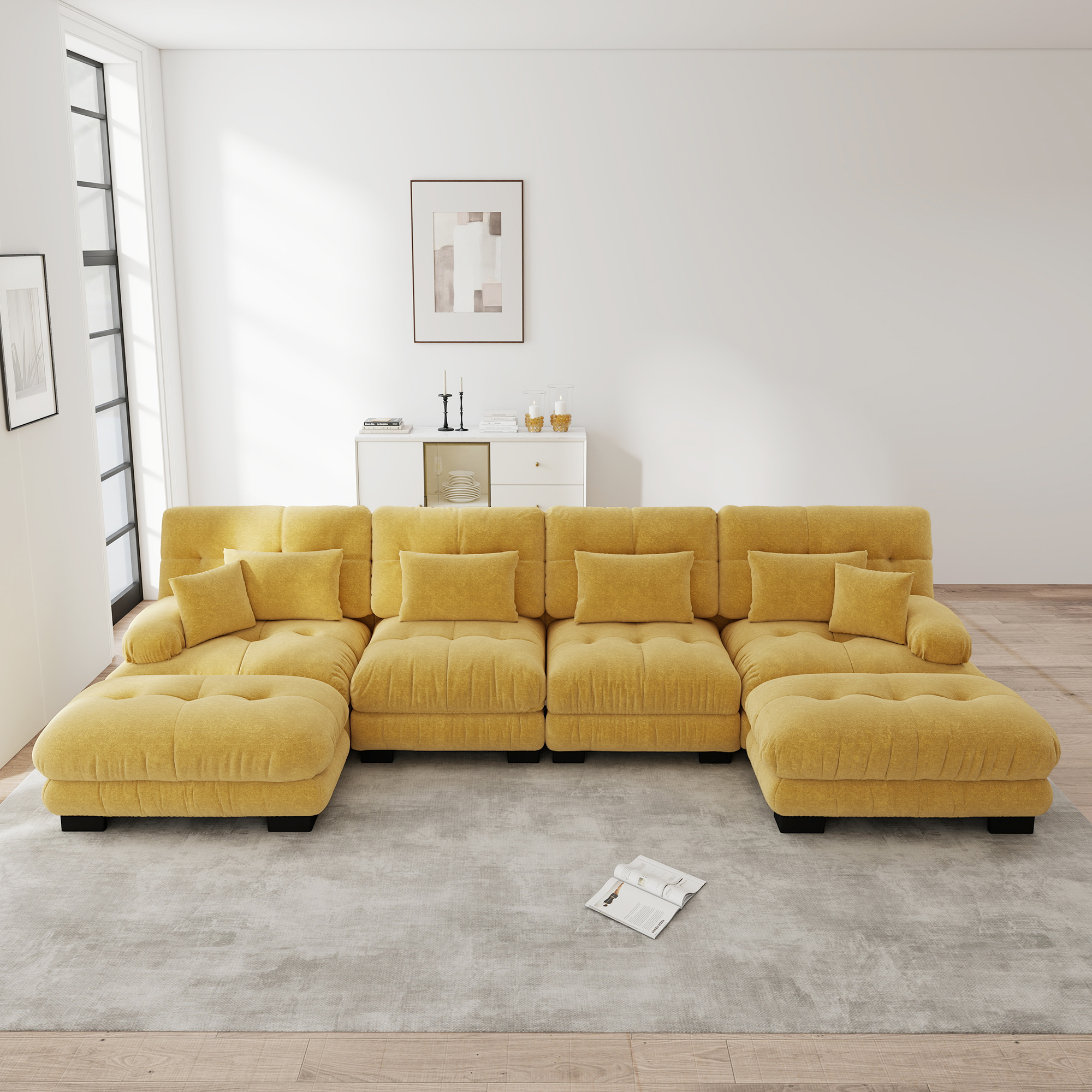 Canapé d'Angle 4 Places Grand Format 406x145x81 cm, Canapé Modulable en Chenille Jaune avec Ottoman Inclus