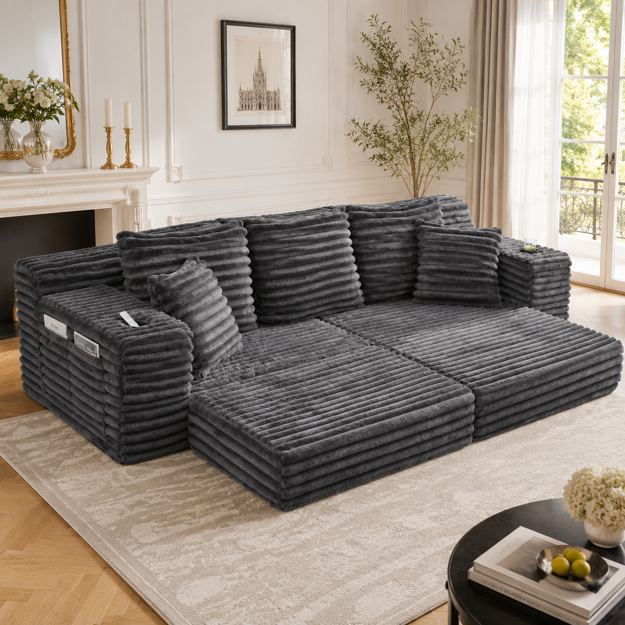 Lit rembourré en velours côtelé avec rangement latéral, poches et porte-gobelets intégrés, gris foncé