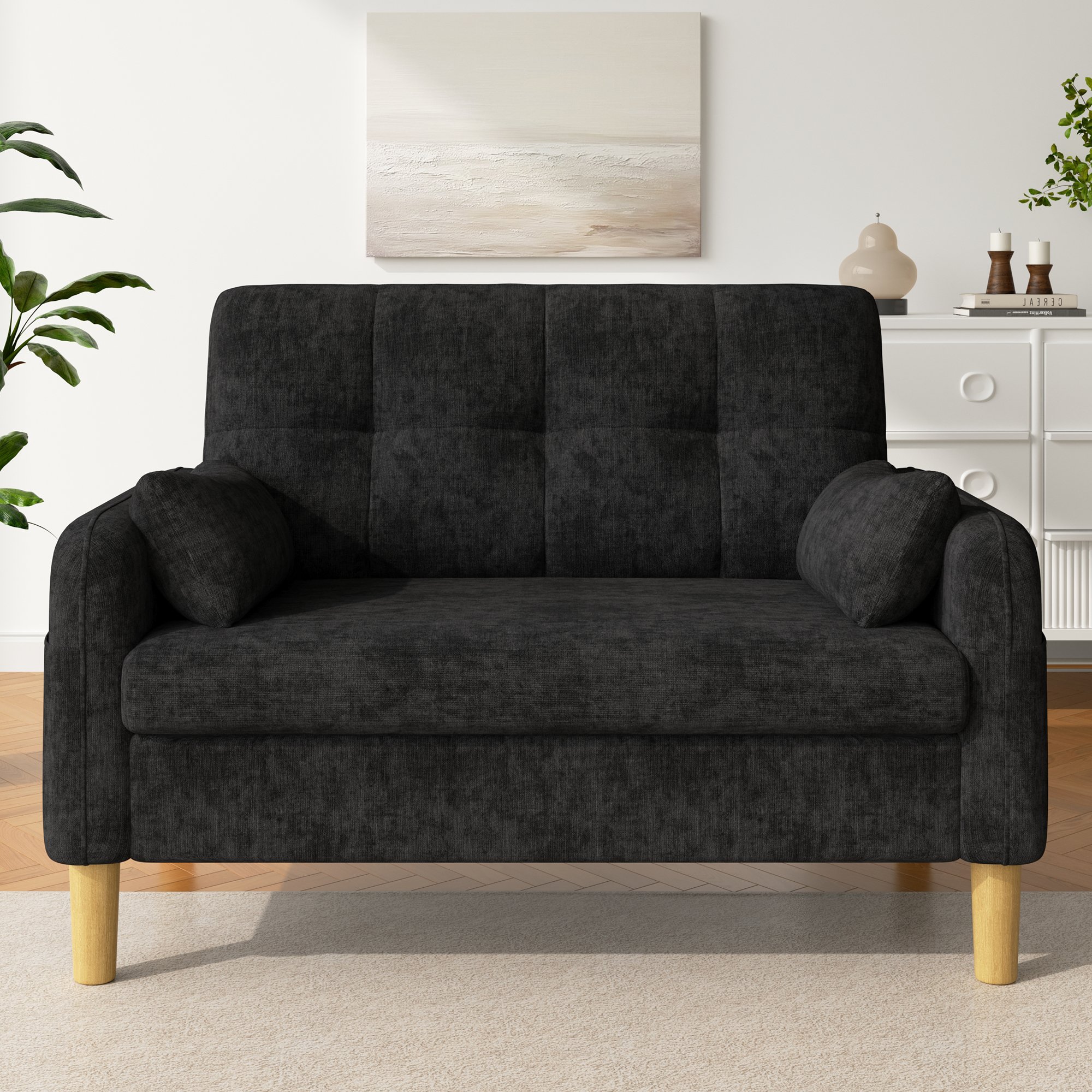 Canapé 2 places gris chenille avec poche latérale et coussins, pieds hauts compatibles robot, montage facile, pour salon ou chambre