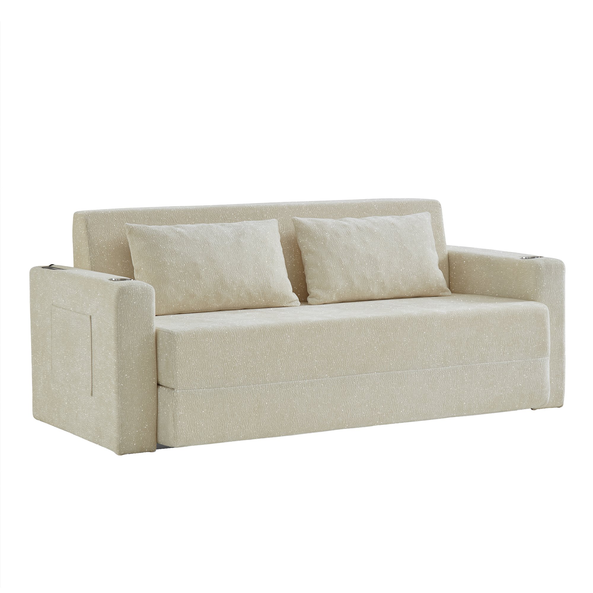 Canapé-lit 2 places rembourré mousse haute densité, revêtement chenille brillant beige, structure renforcée avec coussins inclus