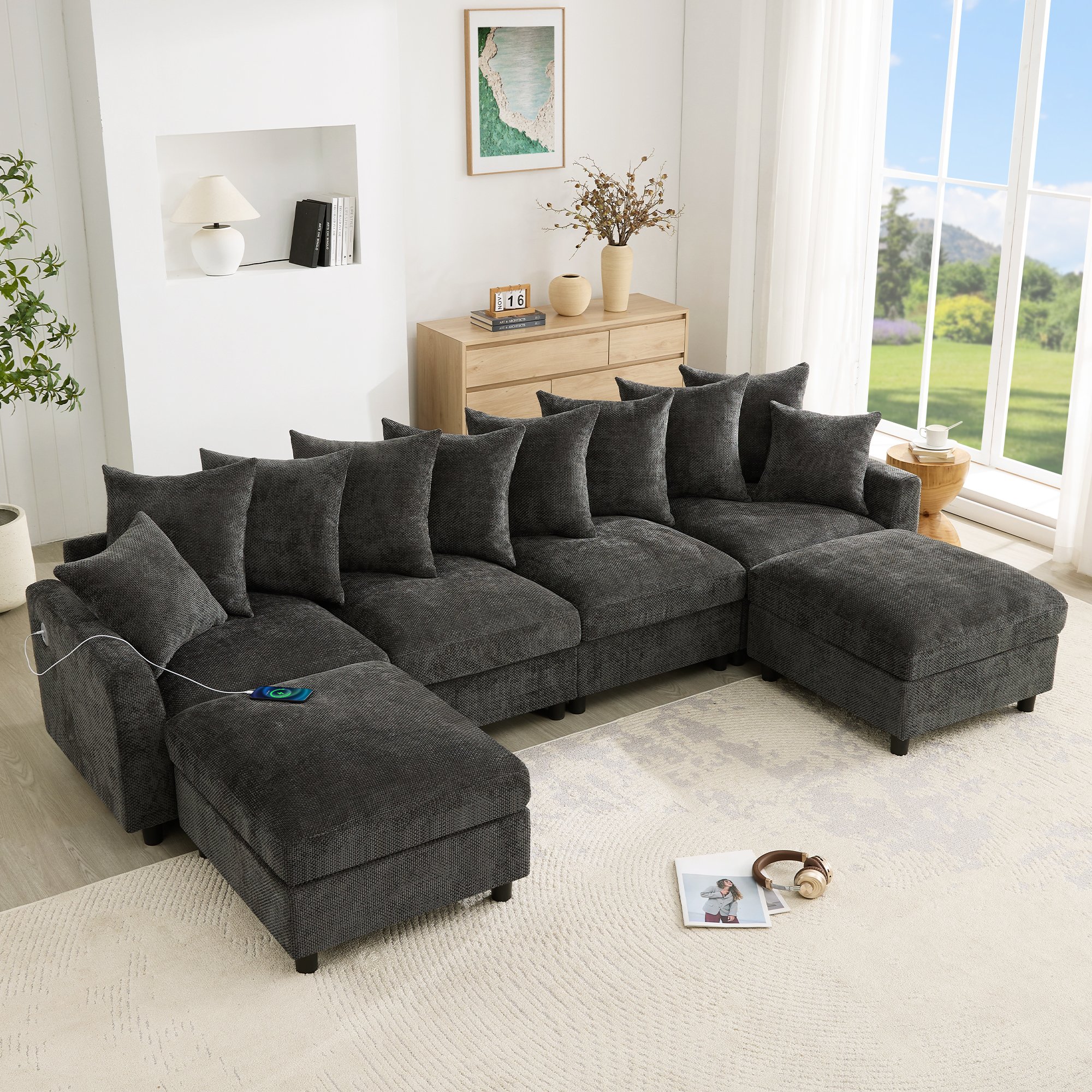 Canapé d'angle modulable 6 places en tissu chenille gris avec ports USB Type-C, 2 poufs inclus et 10 coussins pour salon moderne