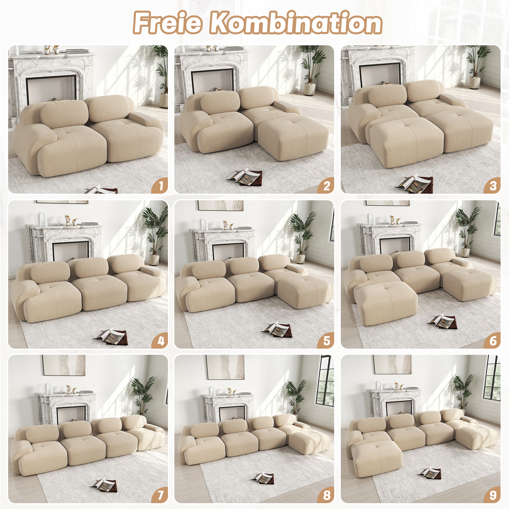 Canapé d'angle 4 places en velours côtelé beige avec structure sans cadre et assise 32D haute élasticité