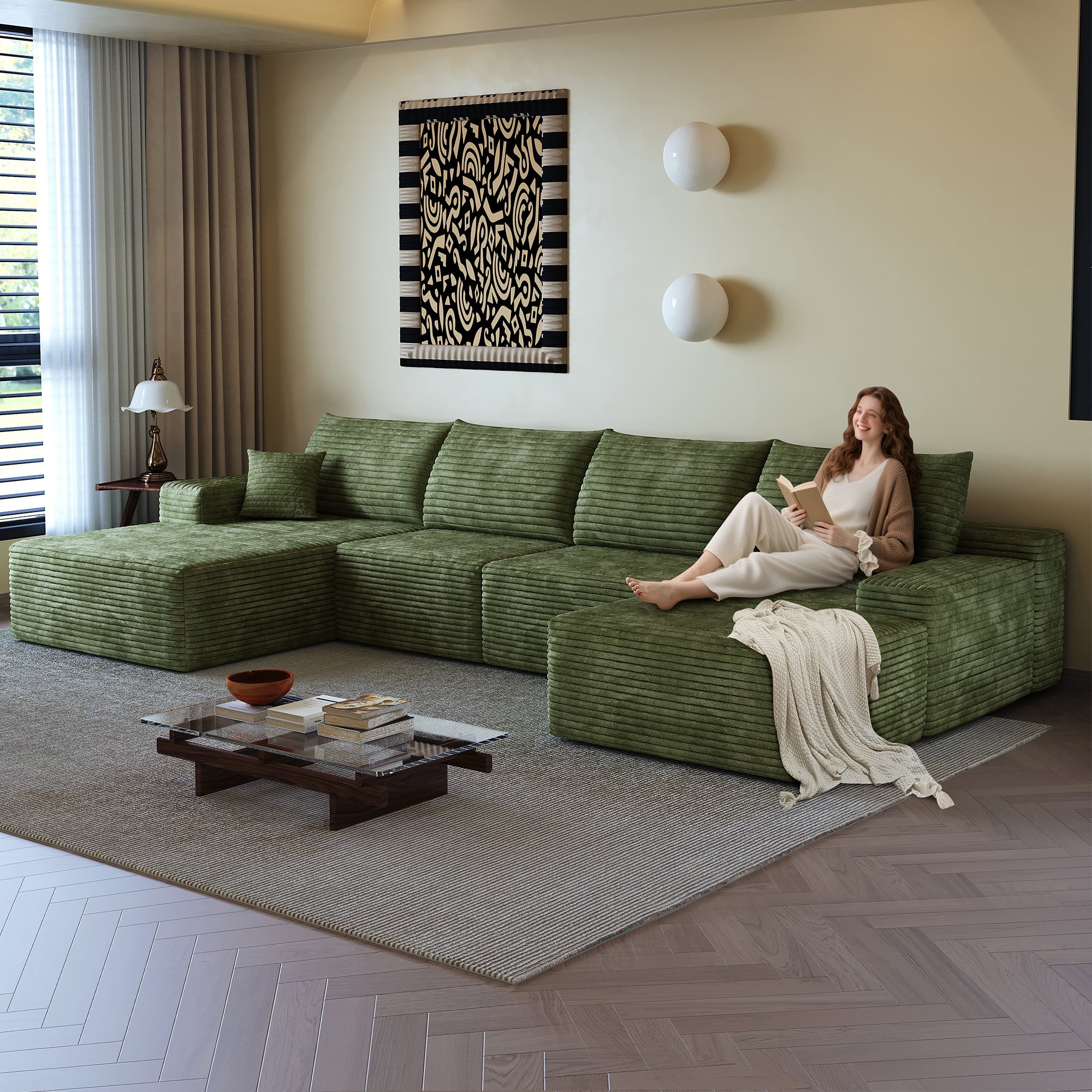 Canapé d'angle en tissu velours côtelé vert, structure rembourrée mousse, dimensions 340x175x83cm, zéro assemblage