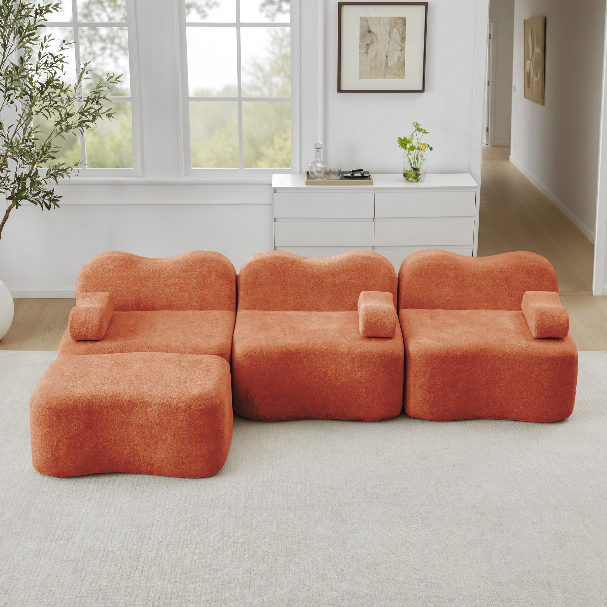 Canapé d'angle modulable 3 places avec ottoman, assise profonde et mousse haute densité 32D pour grand confort salon moderne