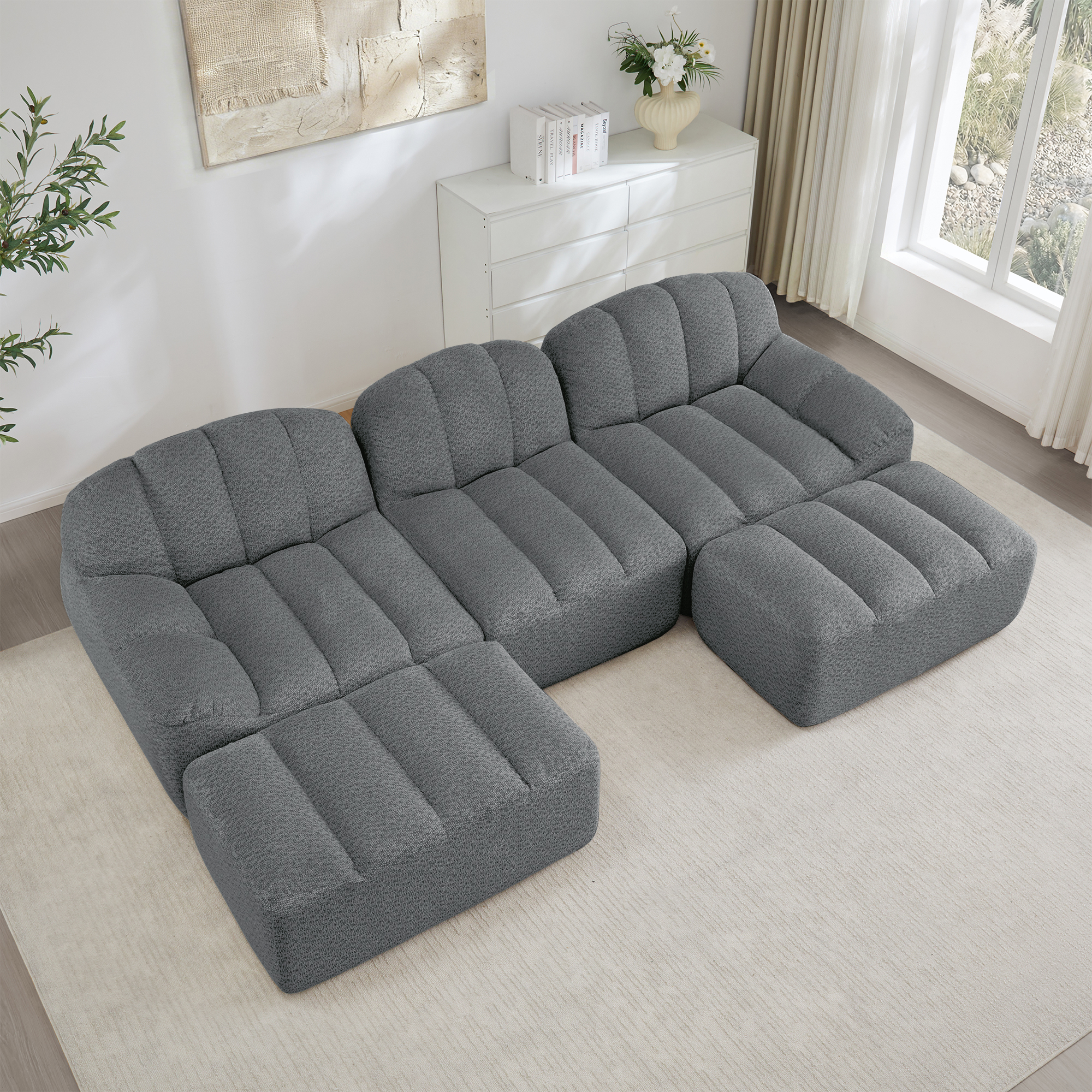 Canapé Salon Familial En U Avec Coffre De Rangement, Canapé Modulable 3 Places Tissu Fleece Gris Profond Et Confortable