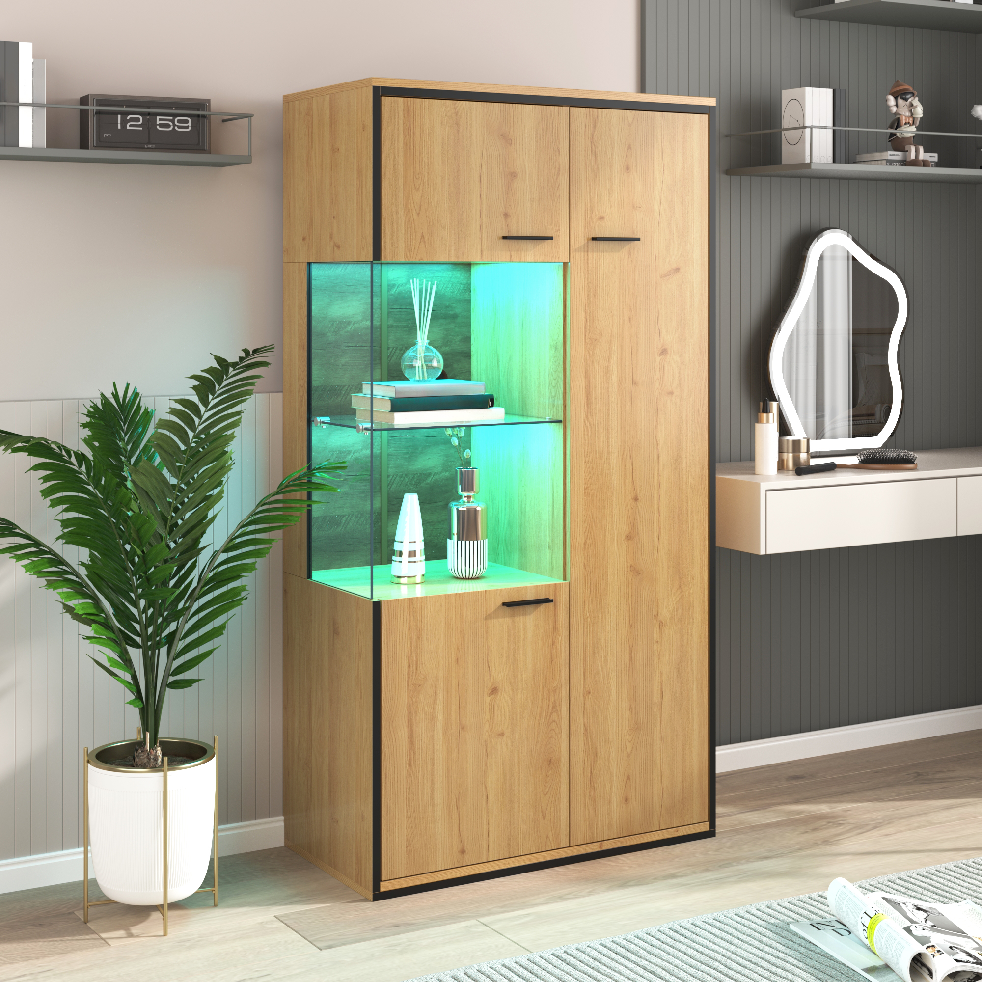 Meuble Vitrine Design Contemporain en Panneau Panneau composite de fibres de bois à densité avec Structure Solide et Porte Vitrée Transparente - 150 x 77,5 x 40 cm