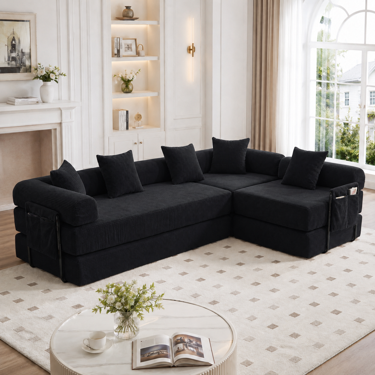 Lit avec rangement et tiroirs intégrés 270x180x64 cm en velours côtelé noir avec couchage modulable