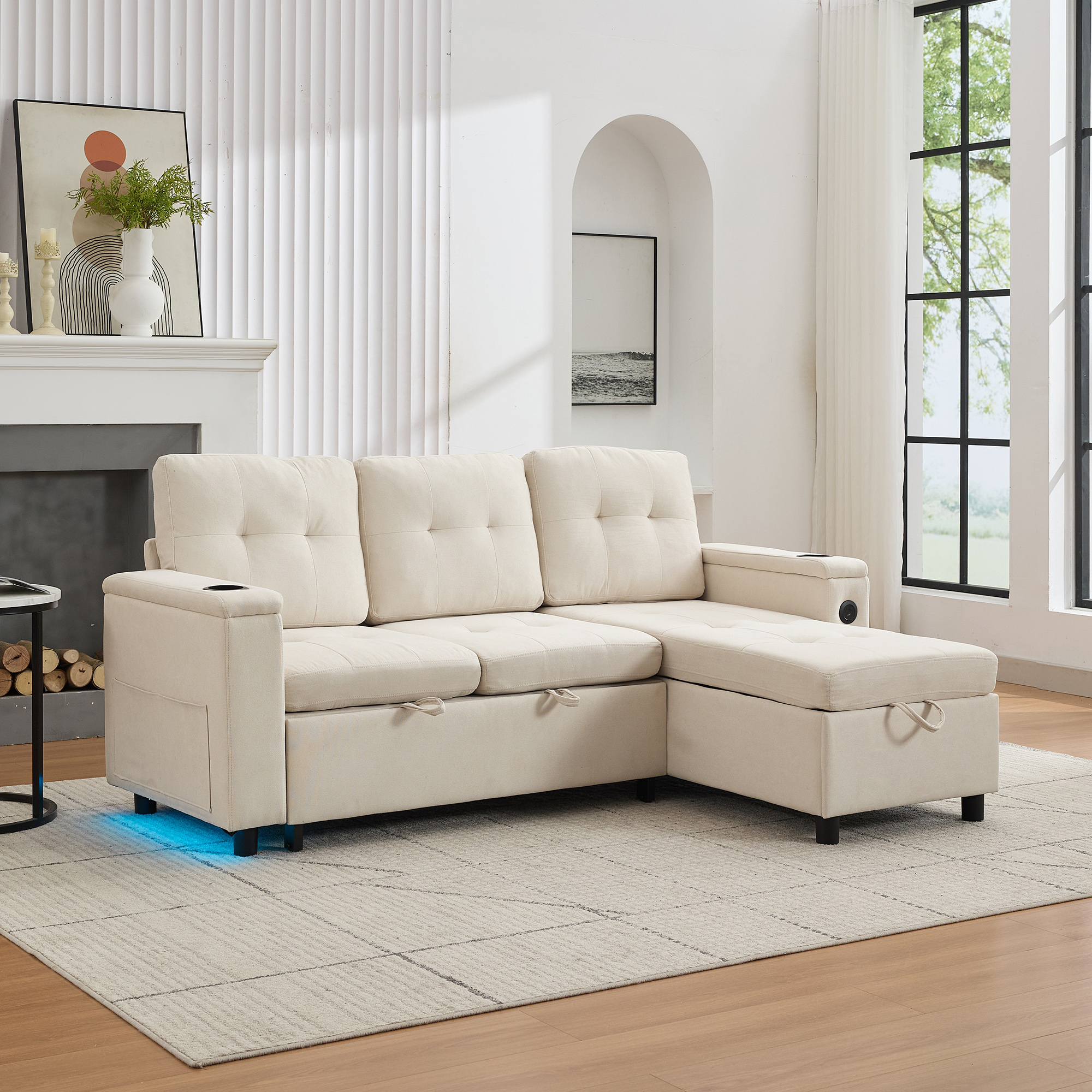Lit avec rangement 146x208 cm en tissu beige, structure en bois massif avec tiroirs et LED