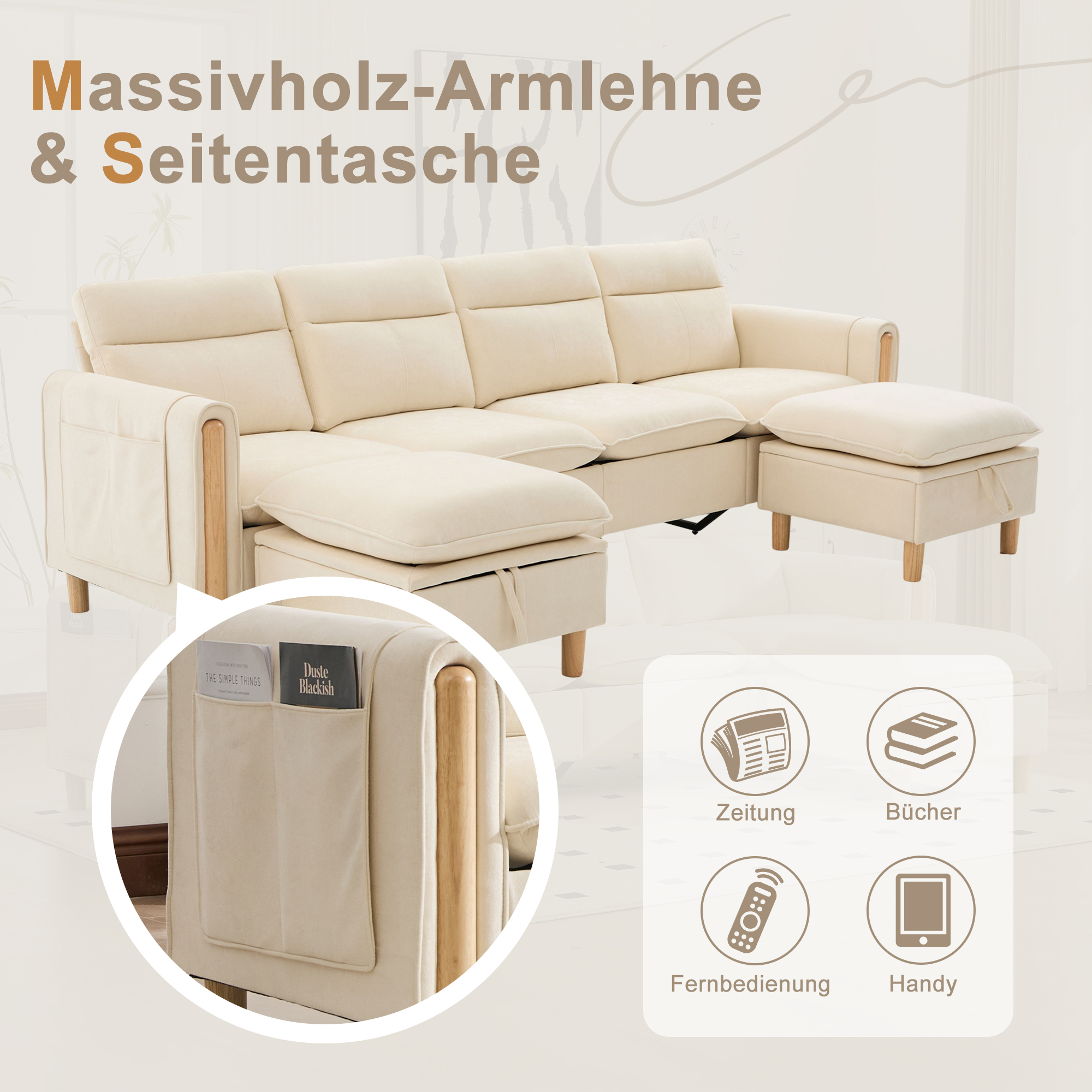 Canapé en U 4 places en chenille beige avec deux poufs et coffres de rangement pour salon familial