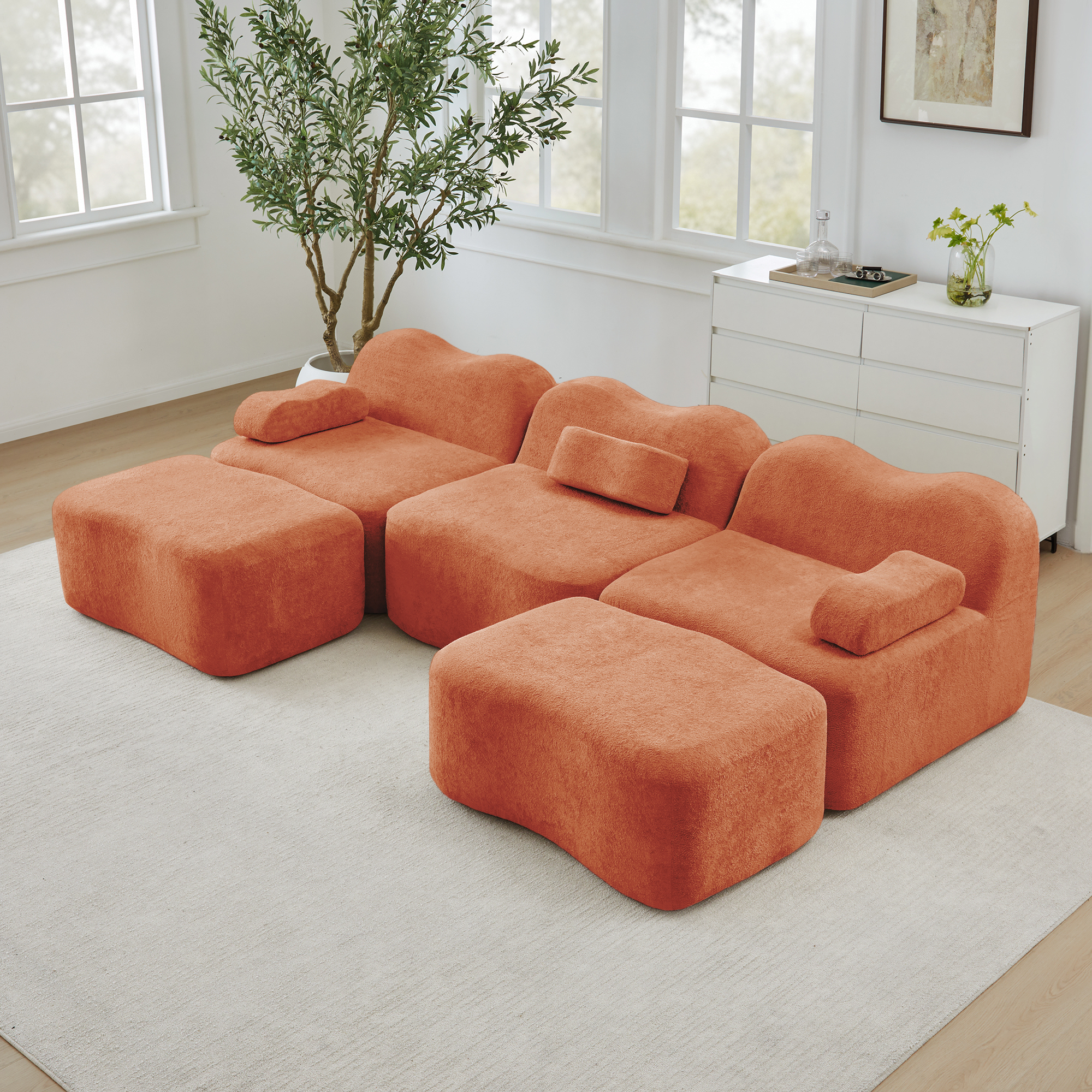 Canapé Modulable 3 Places En U Panoramique Avec Coffre Intégré, Tissu Velours Orange, Design Sans Dossier Pour Salon Moderne