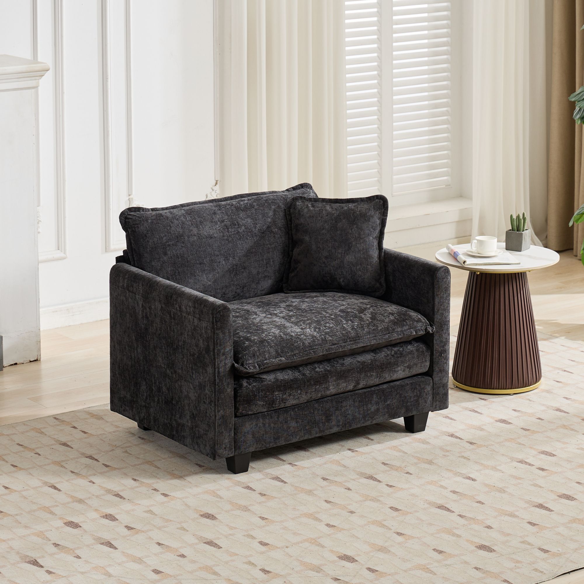 Canapé 1 place modulable en chenille noire pour appartement, coussin double couche et coussin de dossier