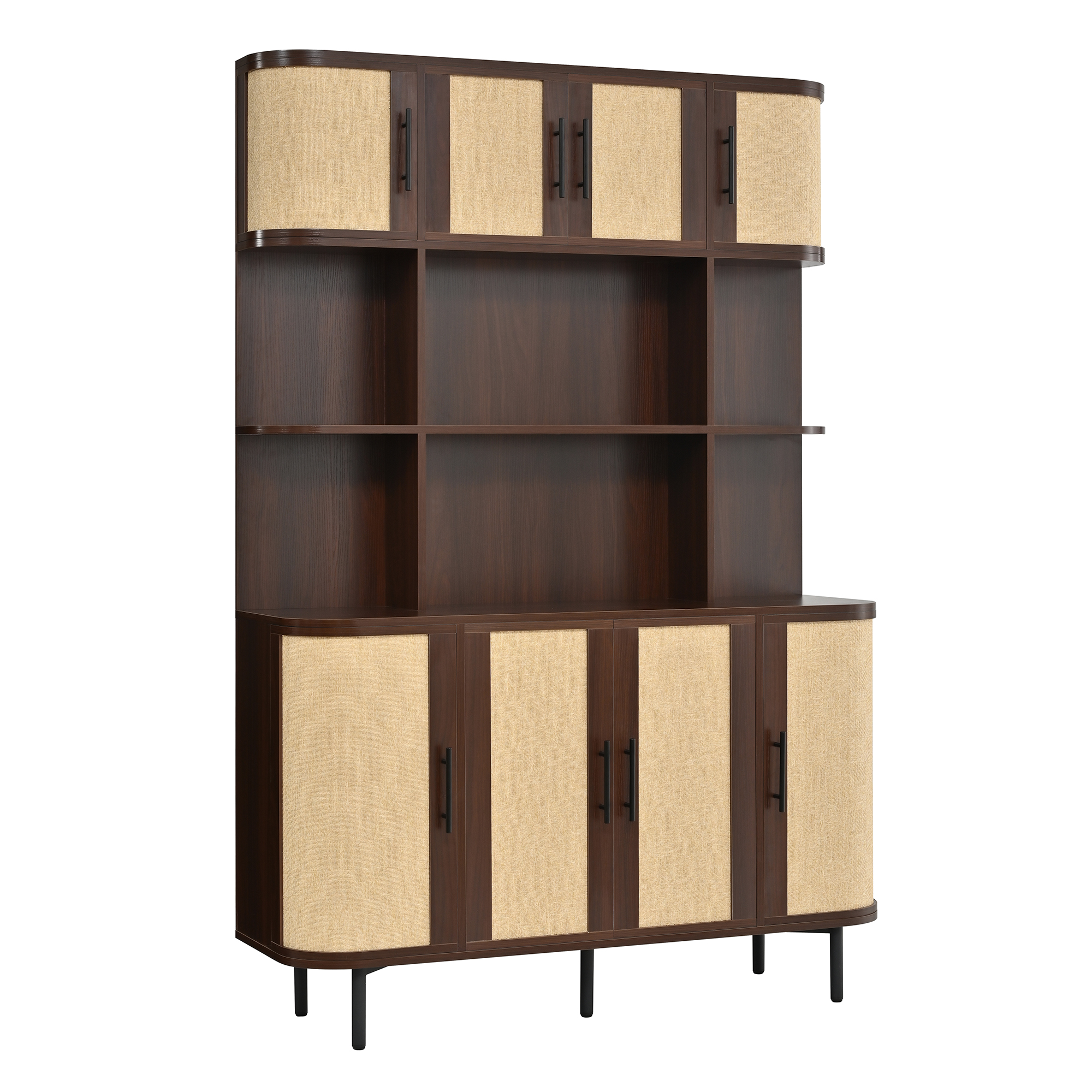 Buffet Moderne 8 Portes Meuble Rangement Panneau composite de fibres de bois à densité avec Pieds Métal Noir et Poignées Noires pour Salon ou Entrée 120x20x180 cm